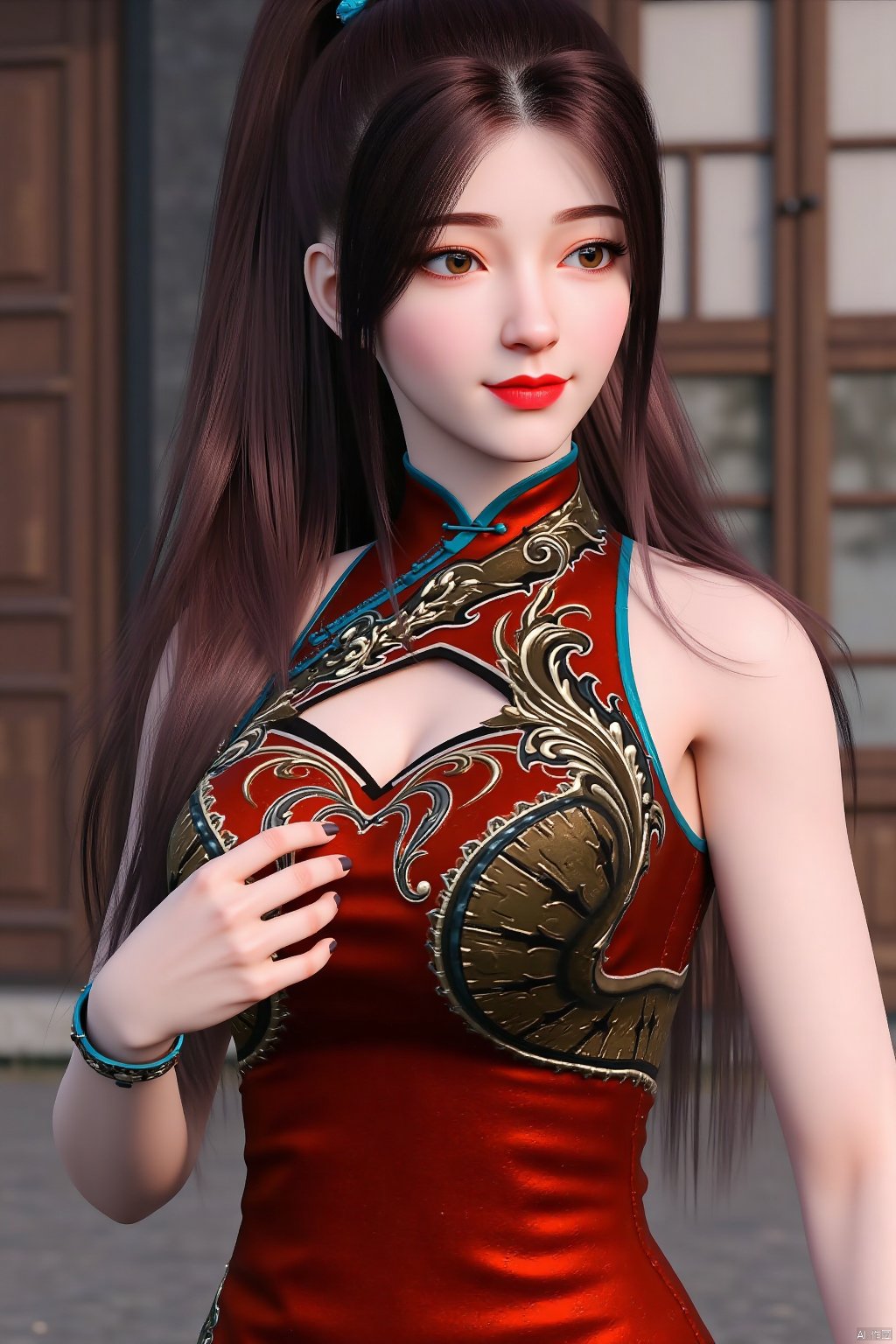 tangzichen,  Stylized digital artwork of a female character in traditional Chinese attire, featuring intricate designs and vibrant colors,Stylized digital artwork of a woman with long brown hair, wearing traditional Chinese attire and makeup,outdoors,