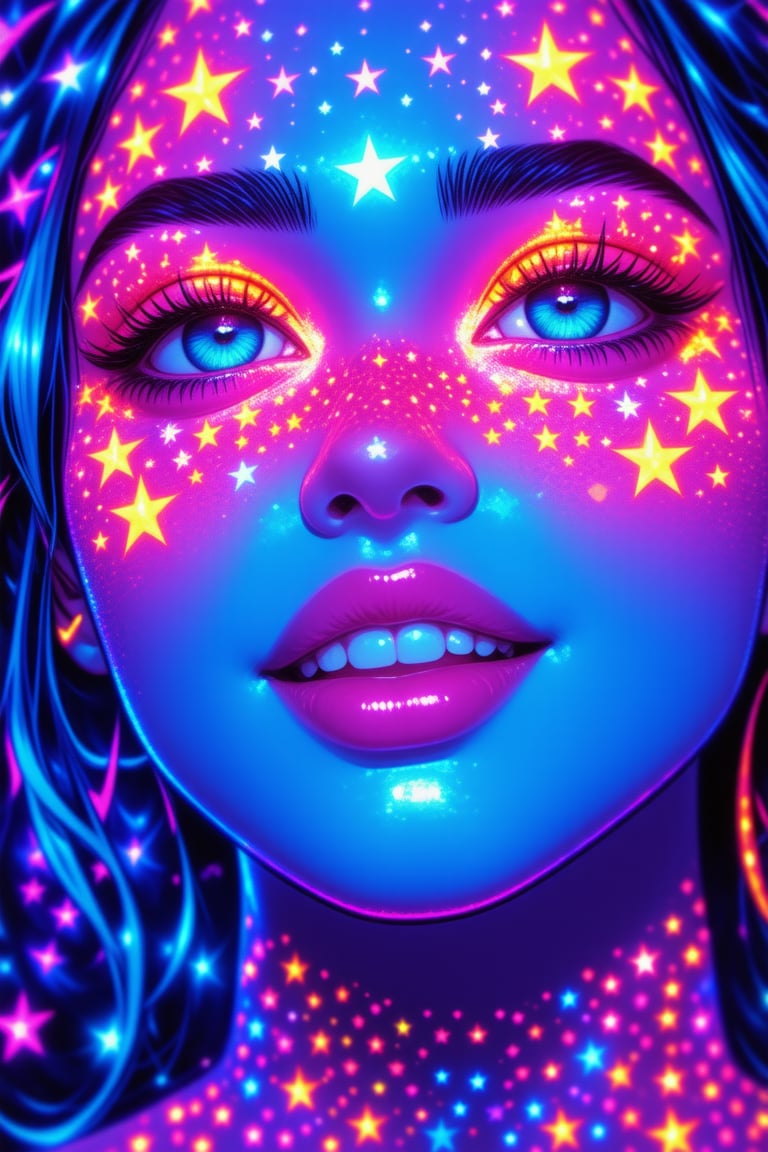 The image is a digital artwork featuring a stylized, fantastical portrait of a young woman with a striking, neon-lit aesthetic. The subject's face is illuminated by vibrant, glowing colors, primarily in shades of blue, purple, and pink, with highlights of bright yellow and orange. Her skin appears to be a pale, almost luminescent blue, speckled with tiny, glowing dots that mimic the effect of starlight or glitter, suprn1j1