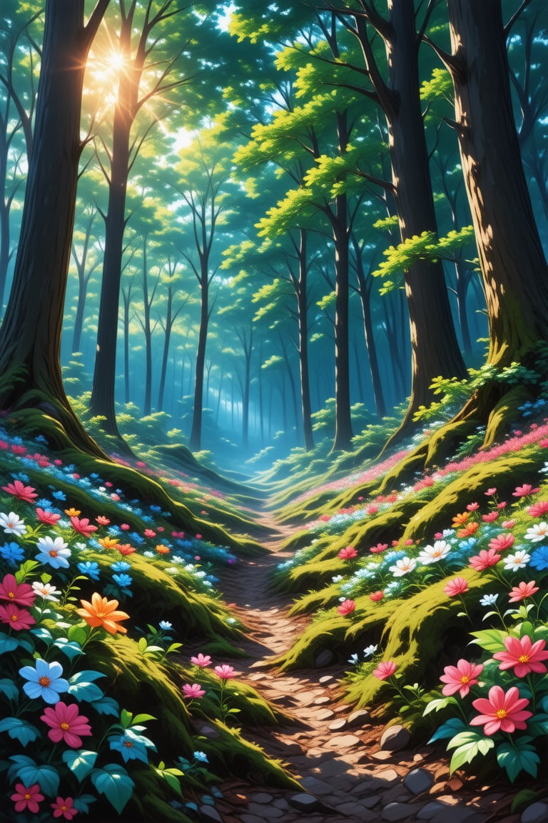 This vibrant, digital illustration depicts a fantastical, serene forest scene bathed in ethereal light. The forest is filled with tall, slender trees with trunks that are dark brown and slightly textured. The trees are densely packed, their leaves a vibrant green, creating a lush canopy above. Sunlight filters through the foliage, casting a soft, glowing effect on the forest floor. The ground is covered in a lush, green moss, interspersed with a vibrant carpet of flowers., suprn1j1