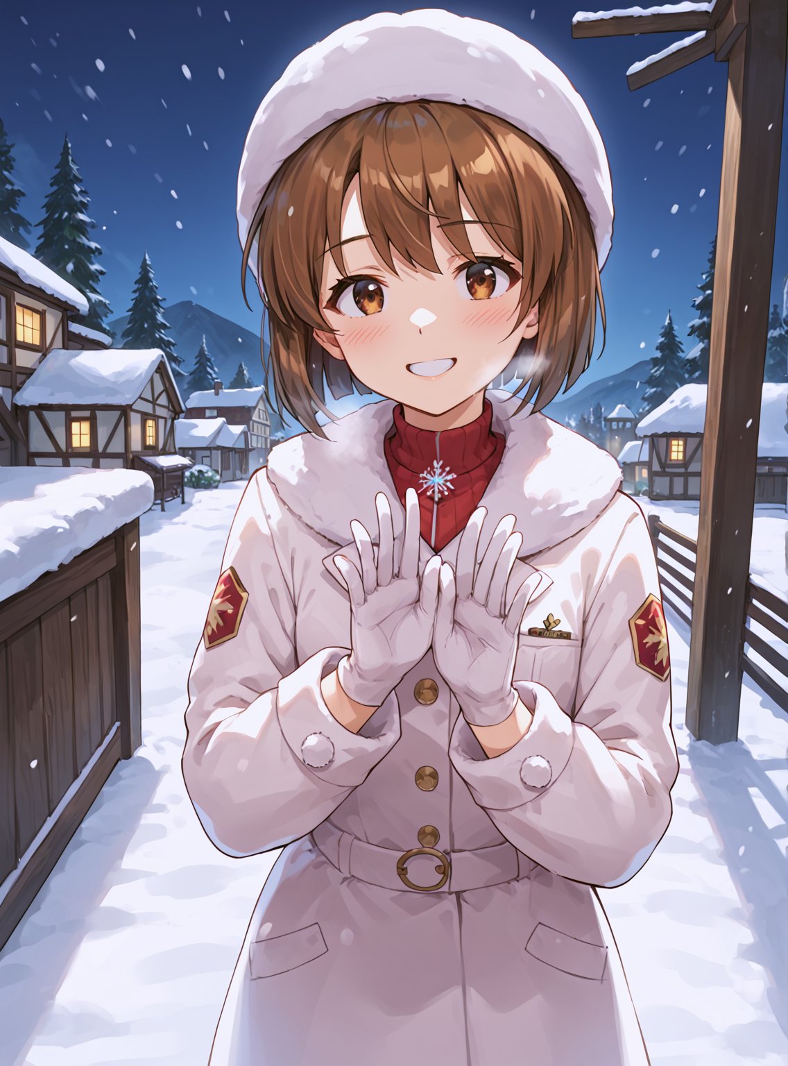 score_9, score_8_up, score_7_up, source_anime, (perfect anatomy:1.4), beautiful skin,
,//characters, 
1girl, solo, hagiwara yukiho, hagiwarayukiho2, short hair, bangs, bob cut, brown hair, brown eyes, blush, white gloves, long sleeves, hat, white headwear, white, coat, winter clothes,
,//situations, 
snow, night, Snowflake,
,//pose,
Breathe into your hands, heavy breath, leaning_forward, arms_behind_back, from above, lookin up, soft smile, attractive eyes
,//LoRA, (4_fingers and 1thumb on hand), (correct number of fingers), (beautiful hands), perfect anatomy,