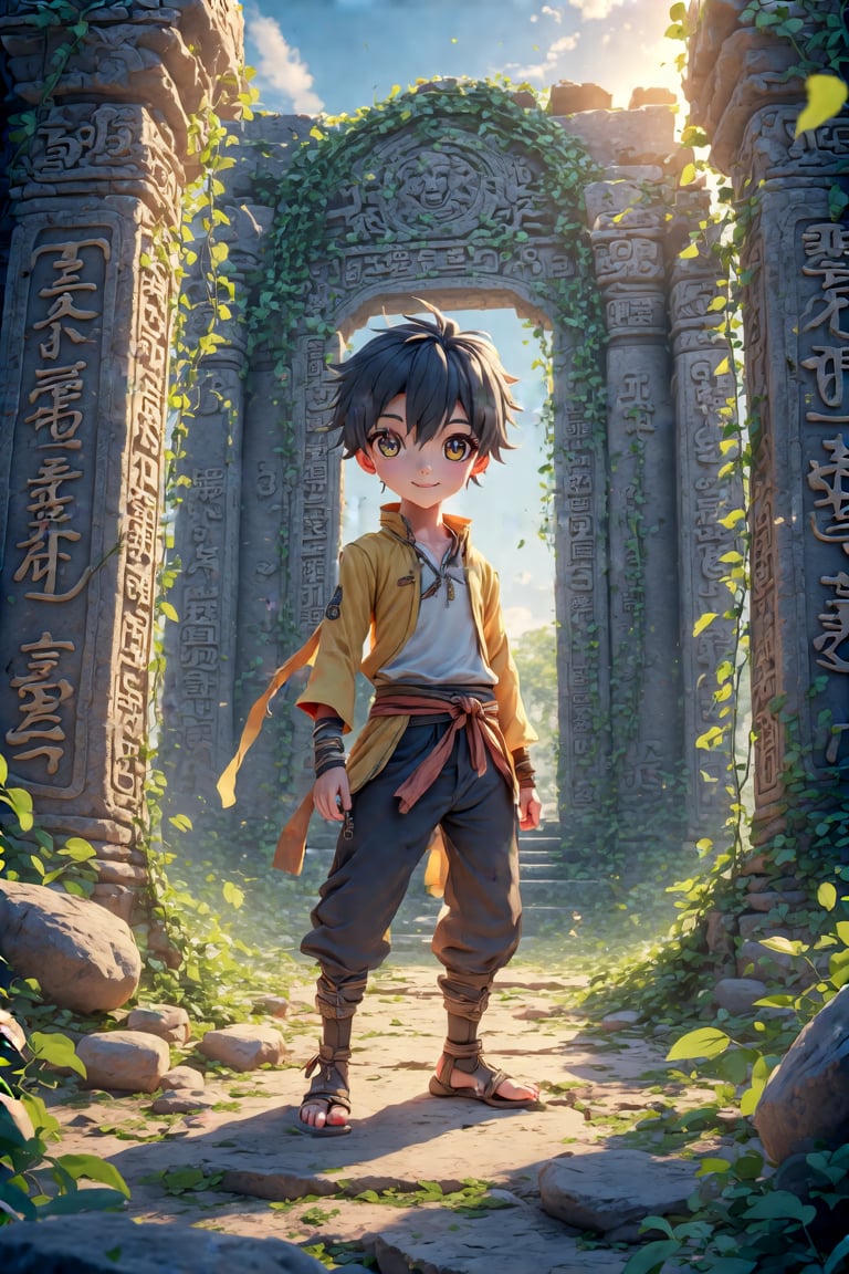 A curious anime-styled character with expressive features and large eyes explores the ruins of a mystical temple, overgrown with vines and covered in ancient symbols. The scene has a warm, golden glow from the late afternoon sun, casting long shadows and highlighting intricate carvings. The character’s clothes have fine details and subtle shading, creating a contrast between the worn stones and vibrant character. 3D Cartoon Anime