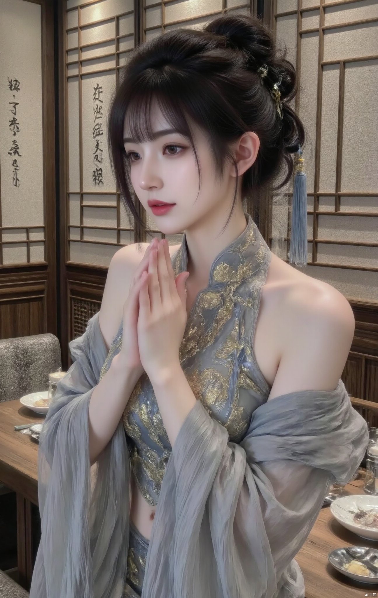  1girl, solo, black hair, hair ornament, dress, navel, bare shoulders, indoors, hair bun, lips, chinese clothes, single hair bun, own hands together, realistic