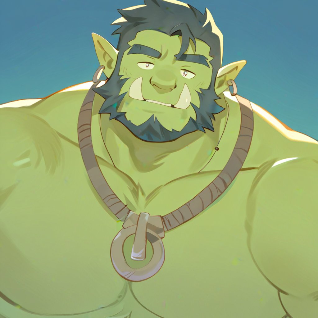 oslomanl, 1boy, bara, beard, black hair, chest tuft, colored skin, earrings, extra tusks, facial hair, full beard, green skin, head tilt, jewelry, large pectorals, male focus, mature male, monster boy, muscular, muscular male, necklace, orc, outdoors, pectorals, pointy ears, short hair, solo, thick beard, thick chest hair, tooth necklace, tribal, tsurime, tusks, hi res, masterpiece