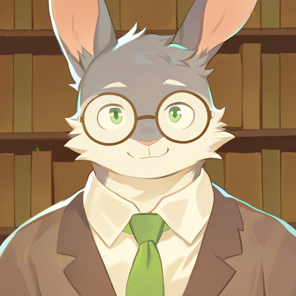 oslomanl, lagomorph, leporid, mammal, rabbit, anthro, brown clothing, brown topwear, cheek tuft, clothed, clothing, detailed background, eyewear, facial tuft, front view, fur, glasses, glistening, glistening eyes, green eyes, green necktie, grey body, grey fur, head tuft, inside, library, looking at viewer, male, mouth closed, necktie, pink nose, round glasses, solo, topwear, tuft, white body, white clothing, white fur, white topwear, hi res, masterpiece 