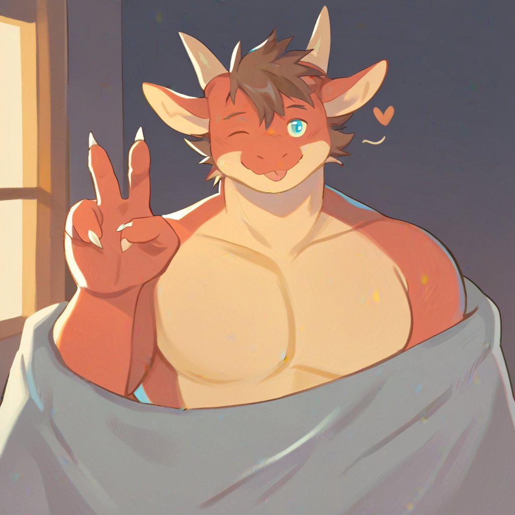 oslomanl, anthro, bed, bedding, blanket, blep, blue eyes, brown hair, clawed fingers, claws, countershade face, countershade neck, countershade torso, countershading, dragon, finger claws, fingers, furniture, gesture, hair, hand gesture, heart symbol, horn, inside, looking at viewer, male, mythological creature, mythological scalie, one eye closed, red body, red scales, scales, scalie, smile, solo, tail, tan countershading, tongue, tongue out, under covers, v sign, window, wingless dragon, wink, hi res, masterpiece