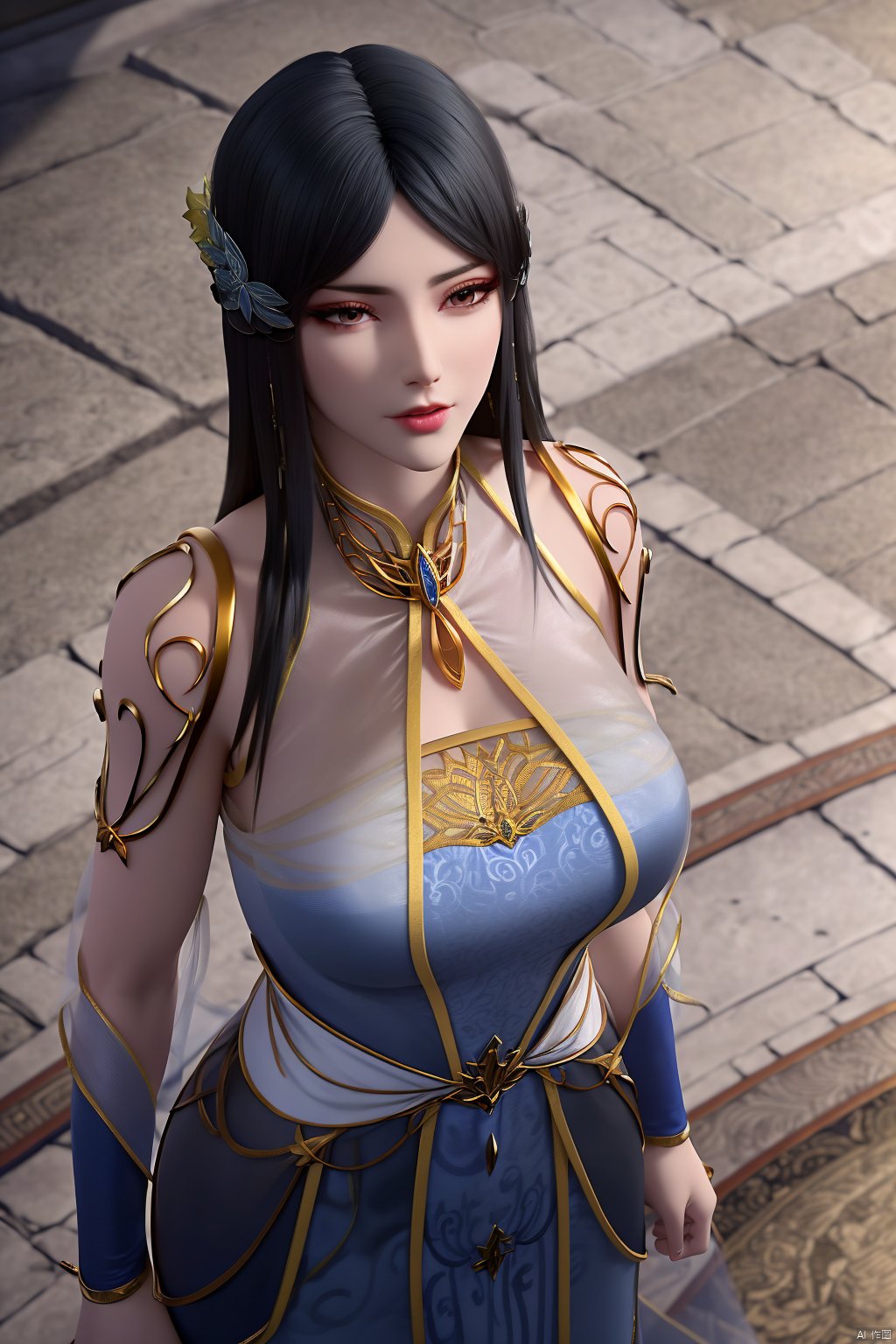  (8k, RAW photo, best quality, masterpiece:1.2), (realistic, photorealistic:1.3), ultra-detailed, extremely detailed cg 8k wallpaper, (crystalstexture skin:1.2), extremely delicate and beautiful, 1girl,hair ornament,black hair,jewelry,earrings,necklace,long hair,big breasts,chinese clothes,dress,looking at viewer,full body,