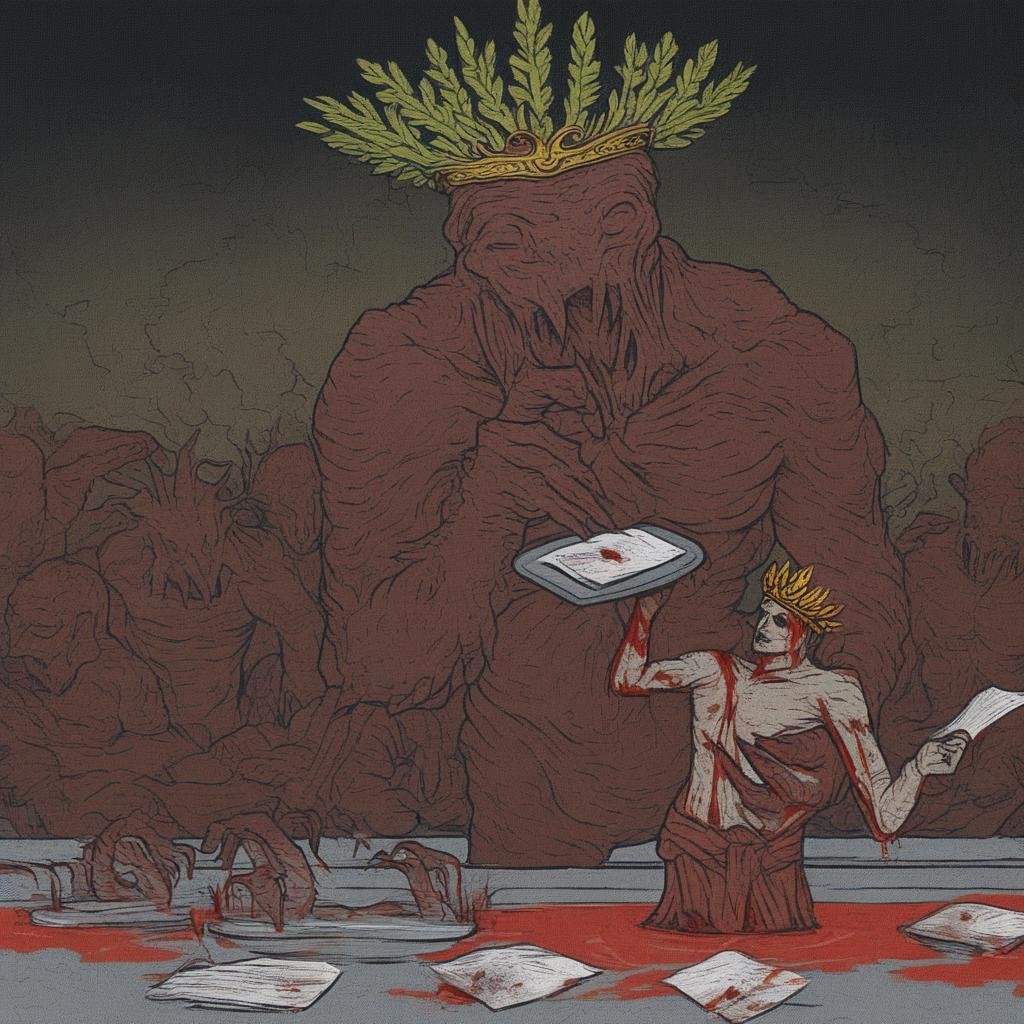 tray, monster, pool of blood, paper, carrying, no humans, laurel crown, thinking