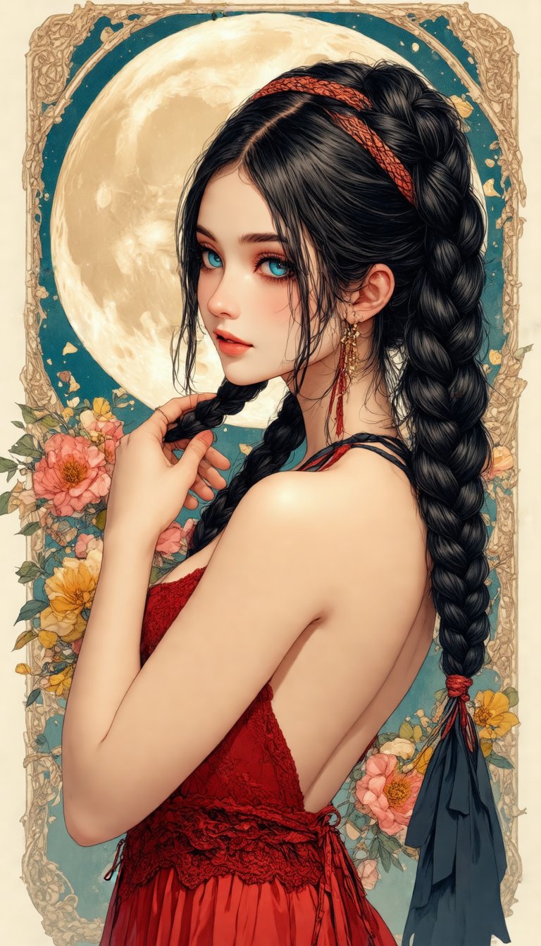 An illustration of a very beautiful woman with long braided black hair, tying up several strands of hair and gently placing her hand between them, presenting an elegant portrait. A hairband secures her braided tail and complements her striking dark blue eyes and red halter dress decorated with lace. In the background, a moon surrounded by flowers is depicted, all drawn in a colorful retro art style with clear and sharp focus.Fsketch‐style