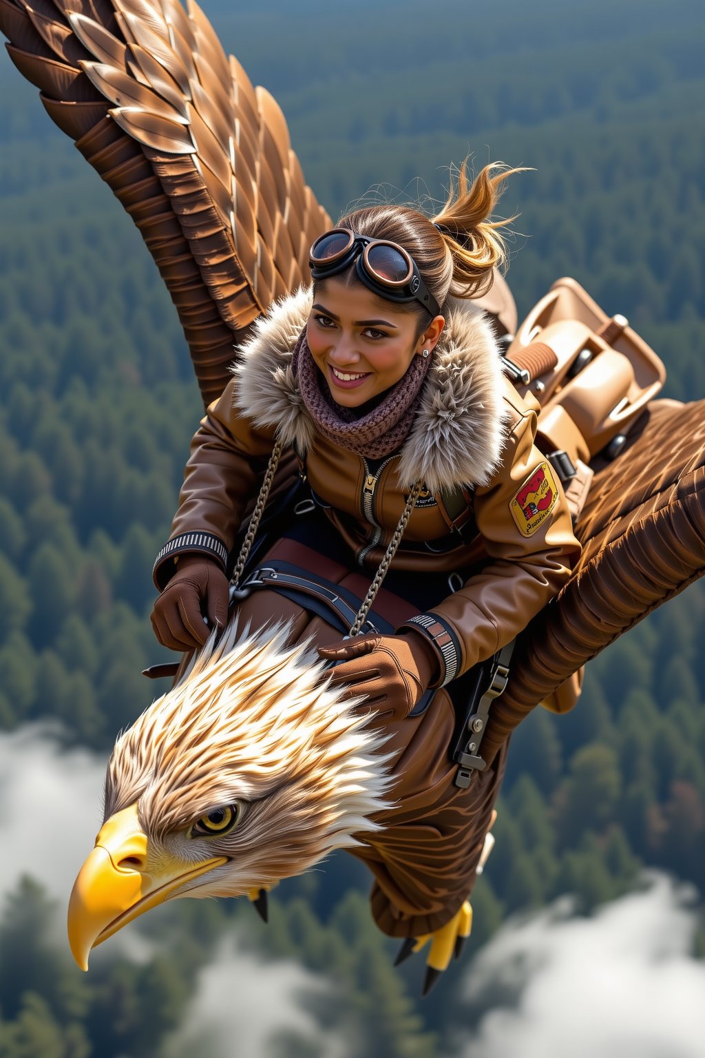 Zendaya, riding a majestic eagle through the skies above a vast forest, with the wind rushing past him and the trees stretching out far below. She wears a leather aviator jacket with a fur collar, goggles strapped over her eyes, thick gloves to protect against the cold air, and a scarf that flaps dramatically in the wind. Her expression is one of exhilaration and freedom, capturing the thrill and majesty of flight