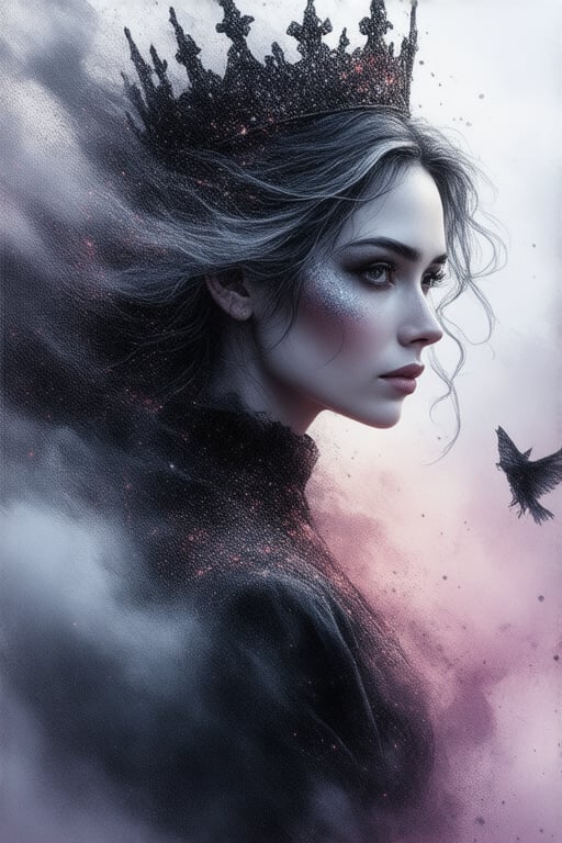 watercolour art, In a dimly lit, misty atmosphere, a somber queen stands tall, her jet-black and white hair wispy and ethereal. Her face, a map of worry lines, is framed by a cloud-like aura that seems to shift and curl around her features. The background blurs into motion, a graphic adventure unfolding with cute, whimsical details, while the queen's struggle to hold onto a small wish comes into sharp focus. Pastel hues dance across her face and hair, which glimmers with asymmetrical sparkle like glittering moonlight. The queen's gaze is intense, her eyes shining with a quiet desperation as she clings to her tiny, delicate hope. A wide-angle lens captures the sense of depth, as if we're floating alongside this hauntingly beautiful queen in a misty world of worry and longing.