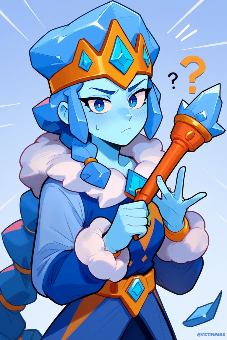 Score_9, Score_8_up, Score_7_up , sqamber, 1 Girl, Blue Fur, Low Braid, Tiara, Blue Dress, Fur Trim, Blue Eyes, Scepter, Solo, Blue skin , blush , confused , looking_at_viewer