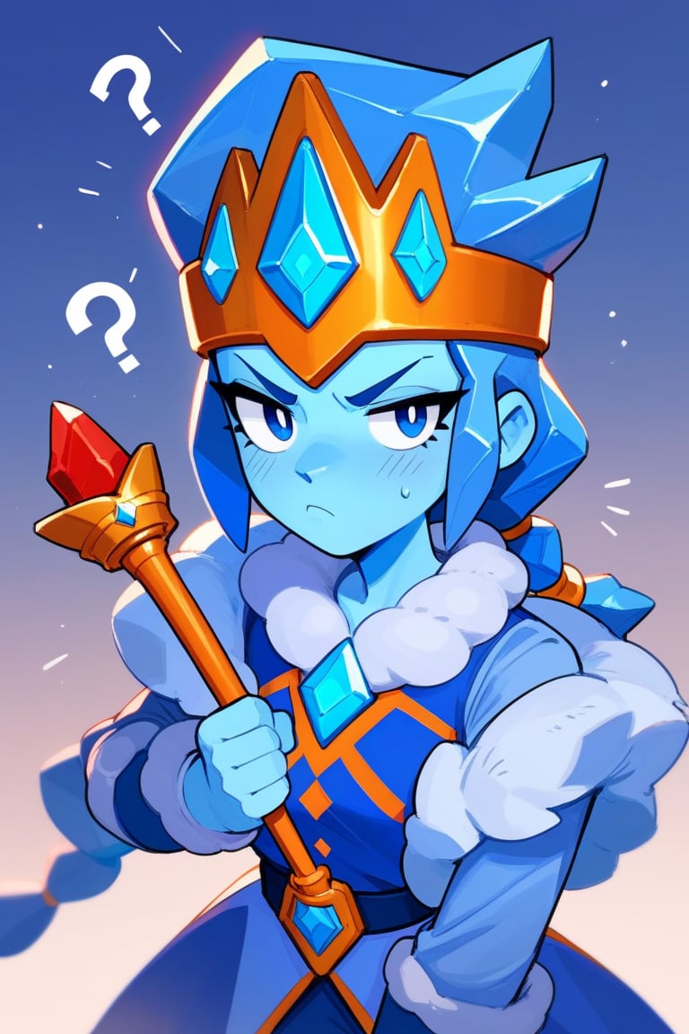 Score_9, Score_8_up, Score_7_up , sqamber, 1 Girl, Blue Fur, Low Braid, Tiara, Blue Dress, Fur Trim, Blue Eyes, Scepter, Solo, Blue skin , blush , confused , looking_at_viewer