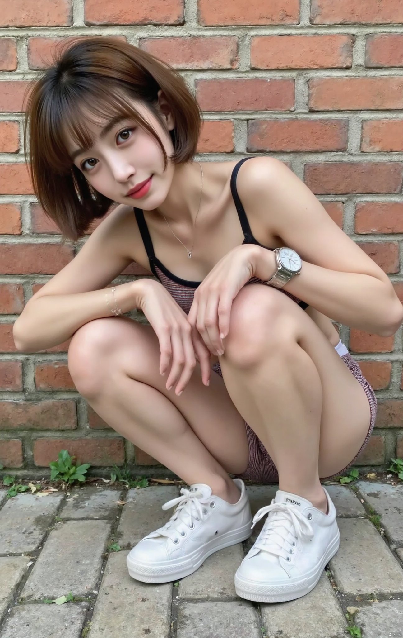 1 girl, alone, looking at the audience, smiling, brown short hair, blue eyes, underwear, shoes, shorts, lips, bowing head, shorts, squatting, white shoes, sneakers, watch, sports bra, realistic, watch, brick wall background, looking up