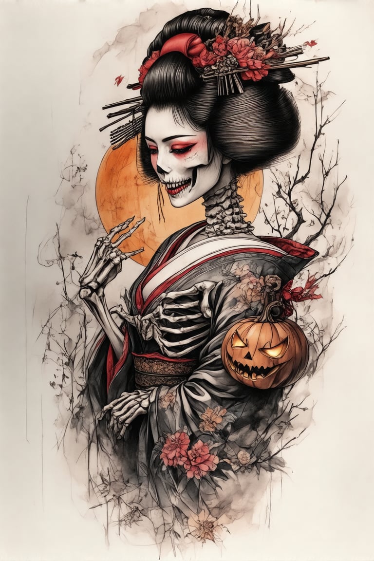 A colorized tattoo art style image of a woman's shoulder featuring a spooky Halloween skeleton. The skeleton is intricately detailed with glowing eyes and a mischievous grin, blending seamlessly with the traditional elements of a geisha. The tattoo is vibrant, capturing the eerie atmosphere of Halloween while maintaining the elegance of the geisha. The composition is dynamic, with the skeleton's bones and clothing flowing in a ghostly manner. The lighting is dark and moody, emphasizing the spooky elements. The woman's shoulder is exposed, showcasing the bold and detailed tattoo.