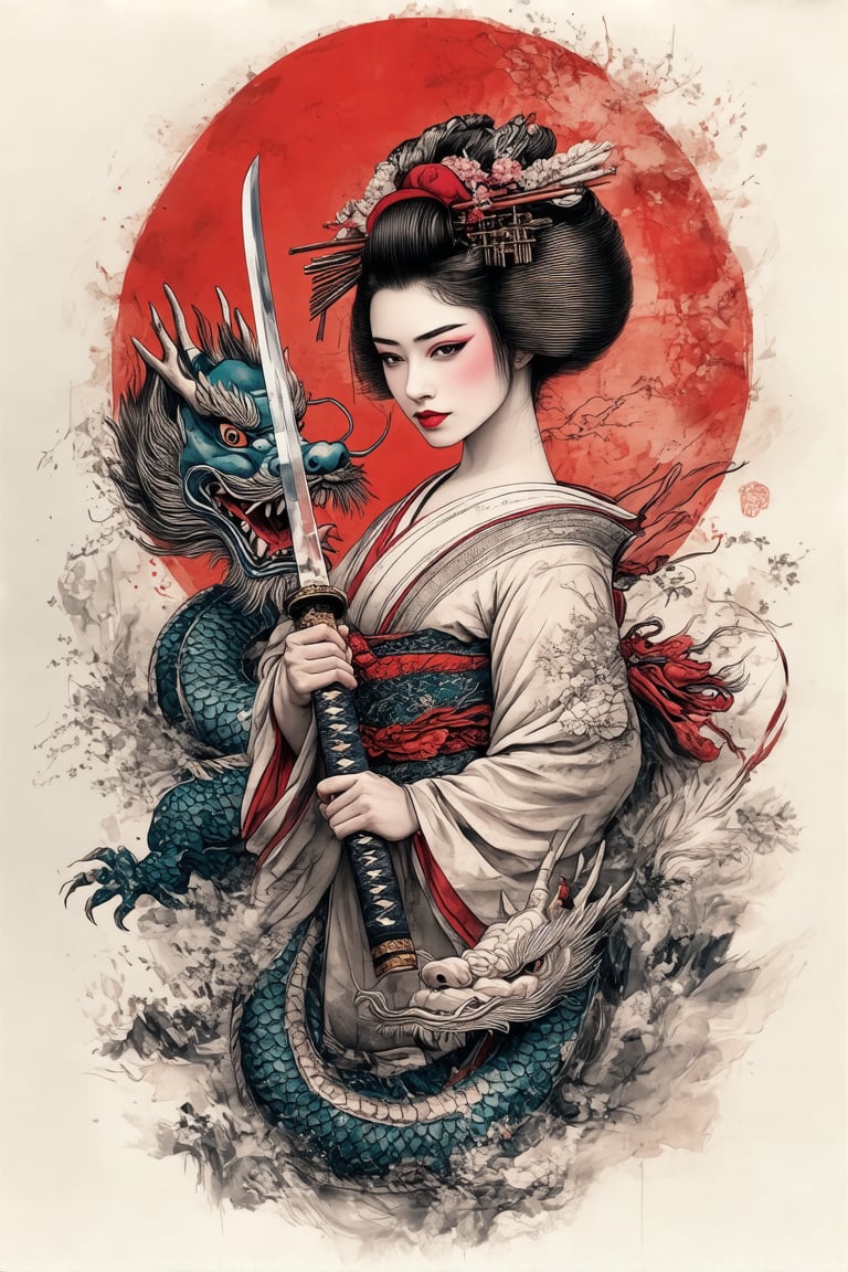 A colorized tattoo art style image of a geisha girl holding a katana, with a dragon coiling around her arm. The scene is vibrant with intricate details, set in a traditional Japanese tattoo style. The geisha is depicted in a dynamic pose, with flowing kimono and delicate facial features. The dragon's scales are detailed, and its eyes are fierce. The composition is balanced, with the katana and dragon complementing the geisha's serene expression. The lighting is dramatic, highlighting the contrast between the geisha's elegance and the dragon's power.