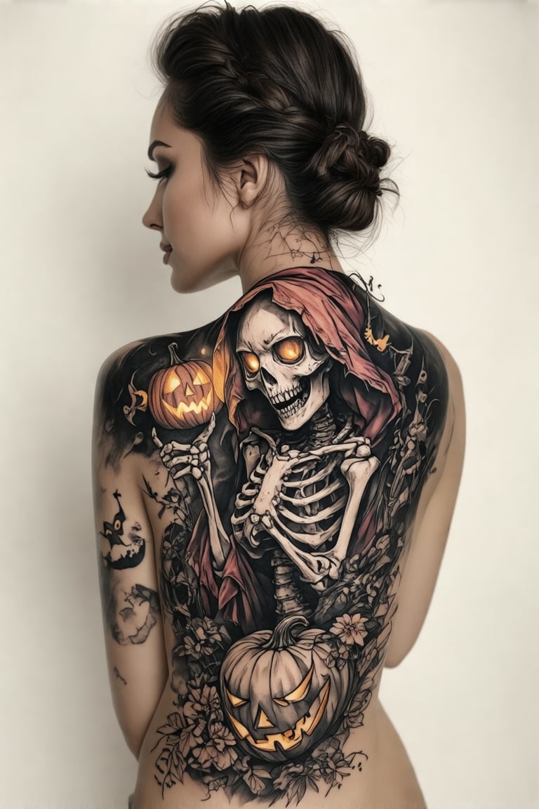 A colorized tattoo art style image of a woman's back featuring a spooky Halloween skeleton. The skeleton is intricately detailed with glowing eyes and a mischievous grin. The tattoo is vibrant, capturing the eerie atmosphere of Halloween. The composition is dynamic, with the skeleton's bones and clothing flowing in a ghostly manner. The lighting is dark and moody, emphasizing the spooky elements. The woman's back is exposed, showcasing the bold and detailed tattoo.