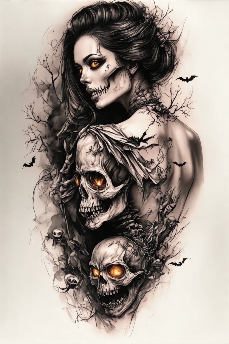 A colorized tattoo art style image of a woman's back featuring a spooky Halloween skeleton. The skeleton is intricately detailed with glowing eyes and a mischievous grin. The tattoo is vibrant, capturing the eerie atmosphere of Halloween. The composition is dynamic, with the skeleton's bones and clothing flowing in a ghostly manner. The lighting is dark and moody, emphasizing the spooky elements. The woman's back is exposed, showcasing the bold and detailed tattoo.