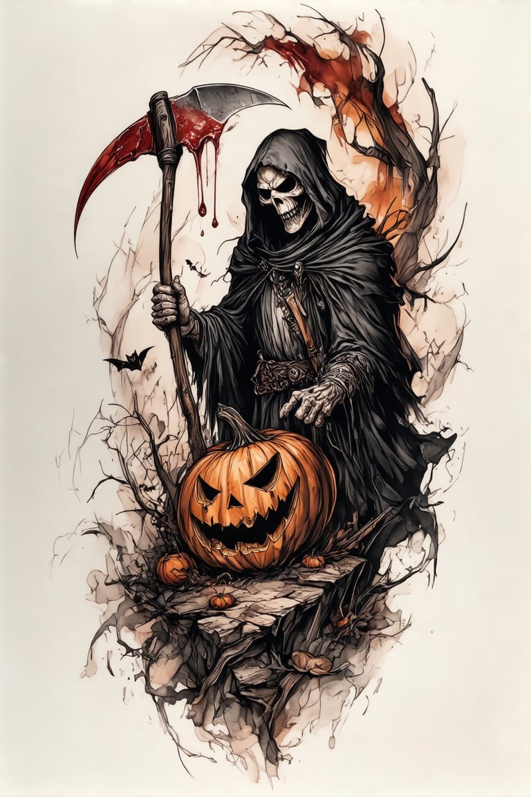 A colorized tattoo art style image of a man's arm featuring a creepy horror scene. The grim reaper stands menacingly, holding a scythe, with a halloween pumpkin beside him. Blood flows ominously around the reaper and pumpkin. The tattoo is detailed with intricate designs, capturing the eerie atmosphere of Halloween. The composition is dynamic, with the grim reaper's cloak flowing and the pumpkin's face twisted in a sinister grin. The lighting is dark and moody, emphasizing the horror elements. The man's arm is tensed, showcasing the bold and detailed tattoo.