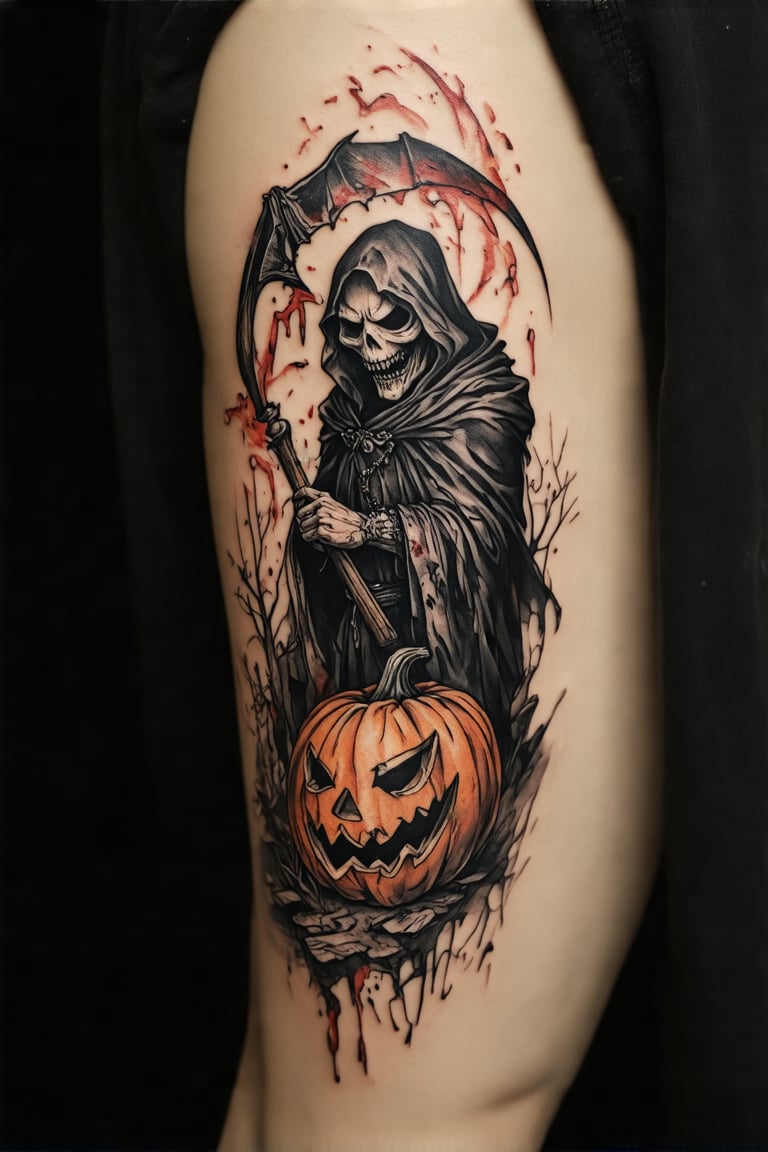 A colorized tattoo art style image of a man's arm featuring a creepy horror scene. The grim reaper stands menacingly, holding a scythe, with a halloween pumpkin beside him. Blood flows ominously around the reaper and pumpkin. The tattoo is detailed with intricate designs, capturing the eerie atmosphere of Halloween. The composition is dynamic, with the grim reaper's cloak flowing and the pumpkin's face twisted in a sinister grin. The lighting is dark and moody, emphasizing the horror elements. The man's arm is tensed, showcasing the bold and detailed tattoo.