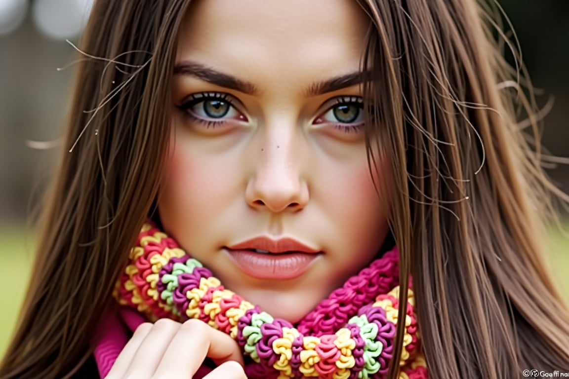 Amaz1ng_Wallpap3r, Close-up portrait of a young woman with light skin, blue eyes, and long brown hair. She is wearing a colorful, knitted scarf with a pink, yellow, and green pattern. The background is blurred, with a shallow depth of field. The lighting is soft and natural, highlighting her face. The camera angle is eye-level, and the composition follows the rule of thirds. The aesthetic quality is very high, with a warm and inviting feel. Likely shot with a DSLR camera, aperture f/2.8, shutter speed 1/125, ISO 100.