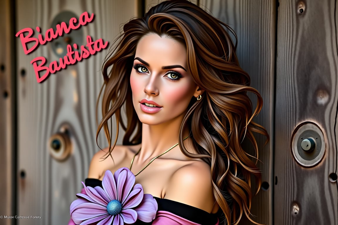 Amaz1ng_Wallpap3r, A high-quality photo of a beautiful woman with long, wavy brown hair and blue eyes, wearing an off-the-shoulder top with a large purple flower on the chest. She is standing against a rustic wooden background with the text "Bianca Bautista" in red on the left. The lighting is soft and even, with a shallow depth of field, keeping the background slightly blurred. The image composition uses the rule of thirds, with the woman's face positioned in the upper third. The photo was likely taken with a DSLR camera, possibly a Canon EOS 5D Mark IV, with an aperture of f/2.8, shutter speed of 1/125 sec, and ISO 100.