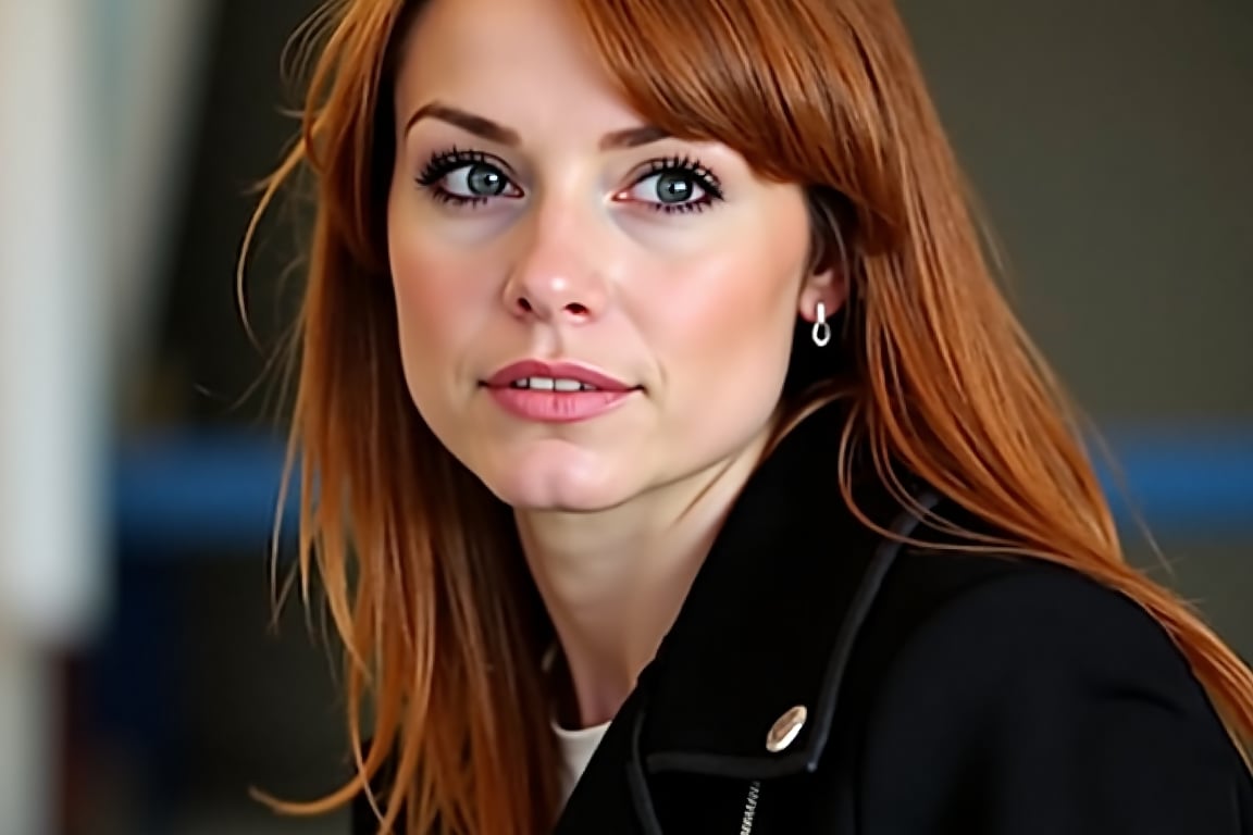 Amaz1ng_Wallpap3r, High quality photograph of a woman, a close-up shot of a woman with long reddish-brown hair and blue eyes. She is wearing a black jacket with a zipper on the right side of the jacket. The background is blurred out, creating a soft focus on the woman's face.