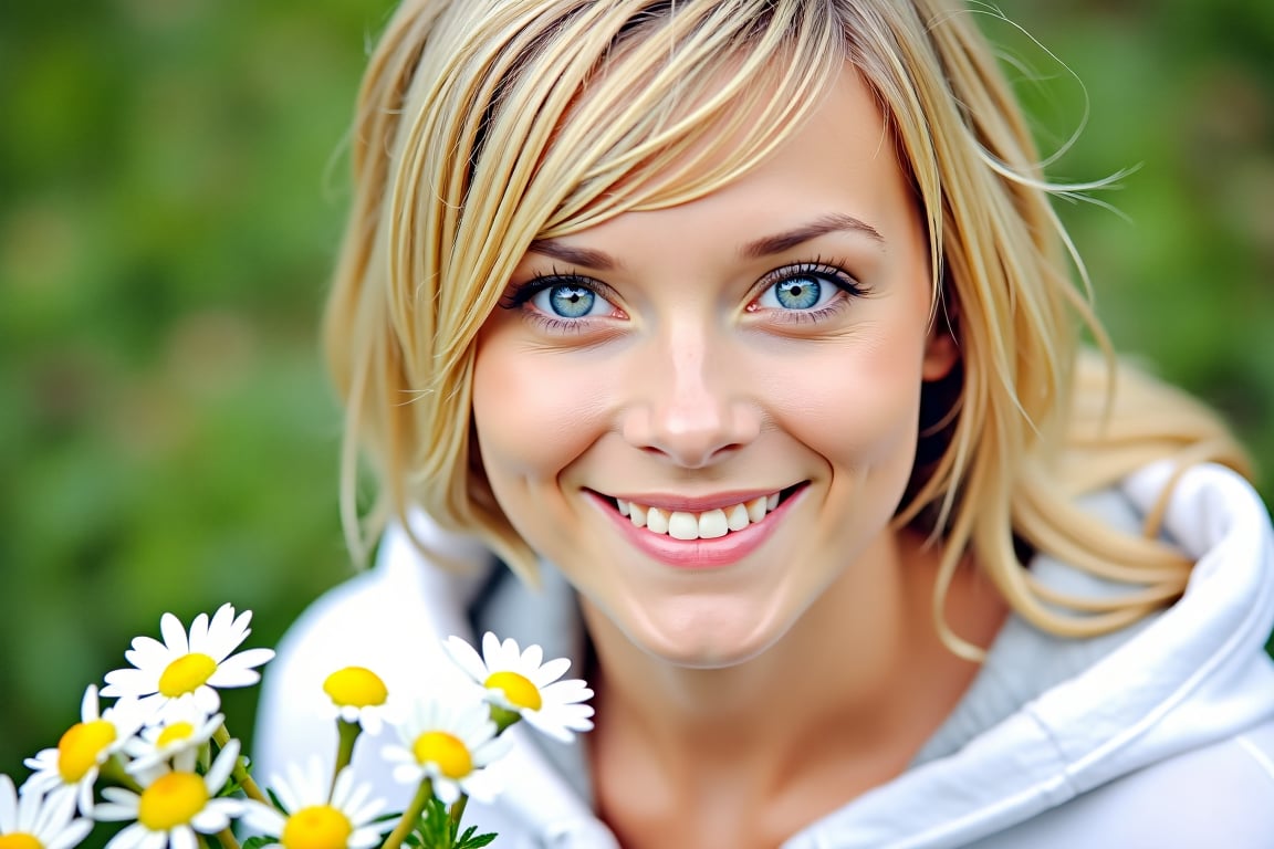 Amaz1ng_Wallpap3r, A close-up shot of a woman with long blonde hair and blue eyes. She is smiling, her lips are slightly parted, and her eyes are a piercing blue. The woman's hair is pulled back in a ponytail, and she is wearing a white hoodie. The background is blurred, and there are a bunch of daisies in the foreground. The flowers are white with yellow centers, and the background is greenery.