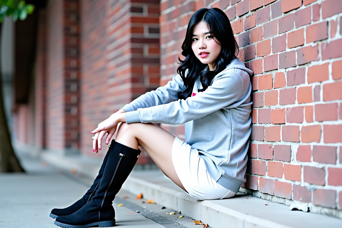 Amaz1ng_Wallpap3r, a young woman with long dark hair, wearing a gray hooded sweatshirt and a white skirt, is sitting on a concrete step, leaning against a brick wall. The woman's right arm is resting on the wall, her left hand resting on her hip. She is wearing black knee-high boots, and her left leg is crossed over her right knee. The background is blurred, with a tree trunk visible on the left side of the image.