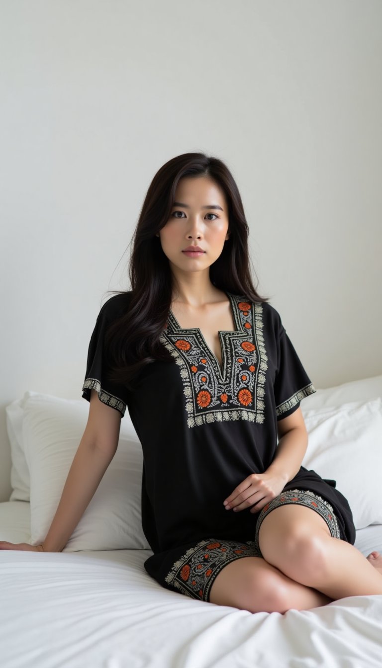 A confident Asian woman, her strong presence radiating against the pure white backdrop, wears a stunning short-sleeve black dress featuring intricate batik patterns. Her pose, one of calm authority, conveys a sense of self-assurance as she reclines on the bed, her gaze direct and unwavering.