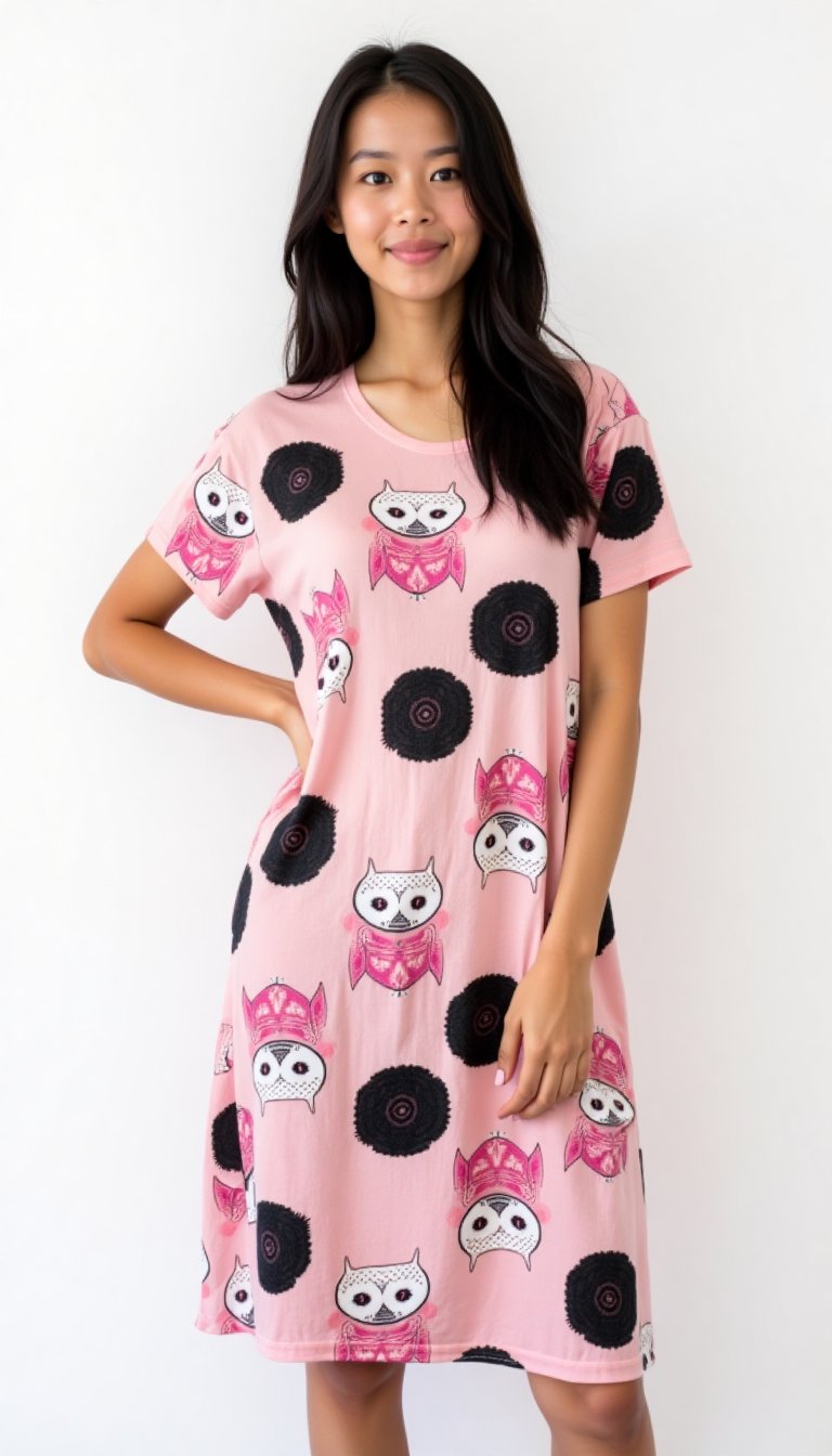 A young Asian woman poses confidently against a stark white backdrop, dressed in a vibrant short-sleeve dress featuring an owl-inspired pattern of pink flowers, black circles, and cozy textures. The dress radiates warmth with shades of pink, black, and white hues. Her left hand rests on her hip, exuding a sense of empowerment.,d4st3r