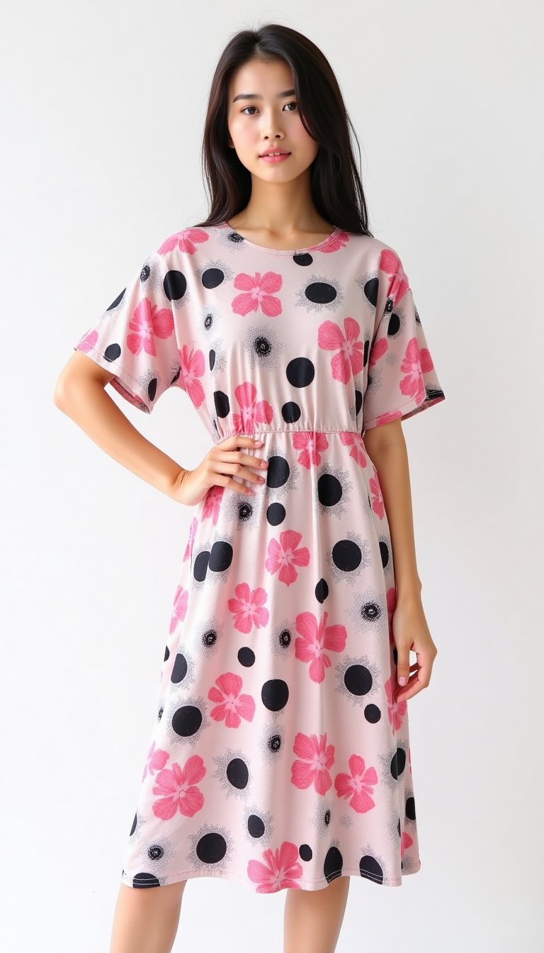 A young Asian woman poses confidently against a stark white backdrop, dressed in a vibrant short-sleeve dress featuring an owl-inspired pattern of pink flowers, black circles, and cozy textures. The dress radiates warmth with shades of pink, black, and white hues. Her left hand rests on her hip, exuding a sense of empowerment.