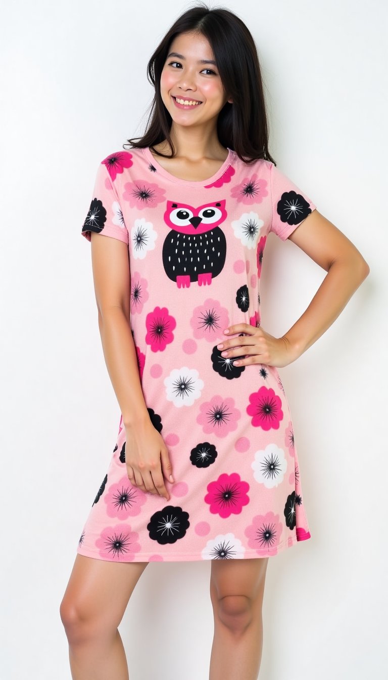 A young Asian woman poses confidently against a stark white backdrop, dressed in a vibrant short-sleeve dress featuring an owl-inspired pattern of pink flowers, black circles, and cozy textures. The dress radiates warmth with shades of pink, black, and white hues. Her left hand rests on her hip, exuding a sense of empowerment.