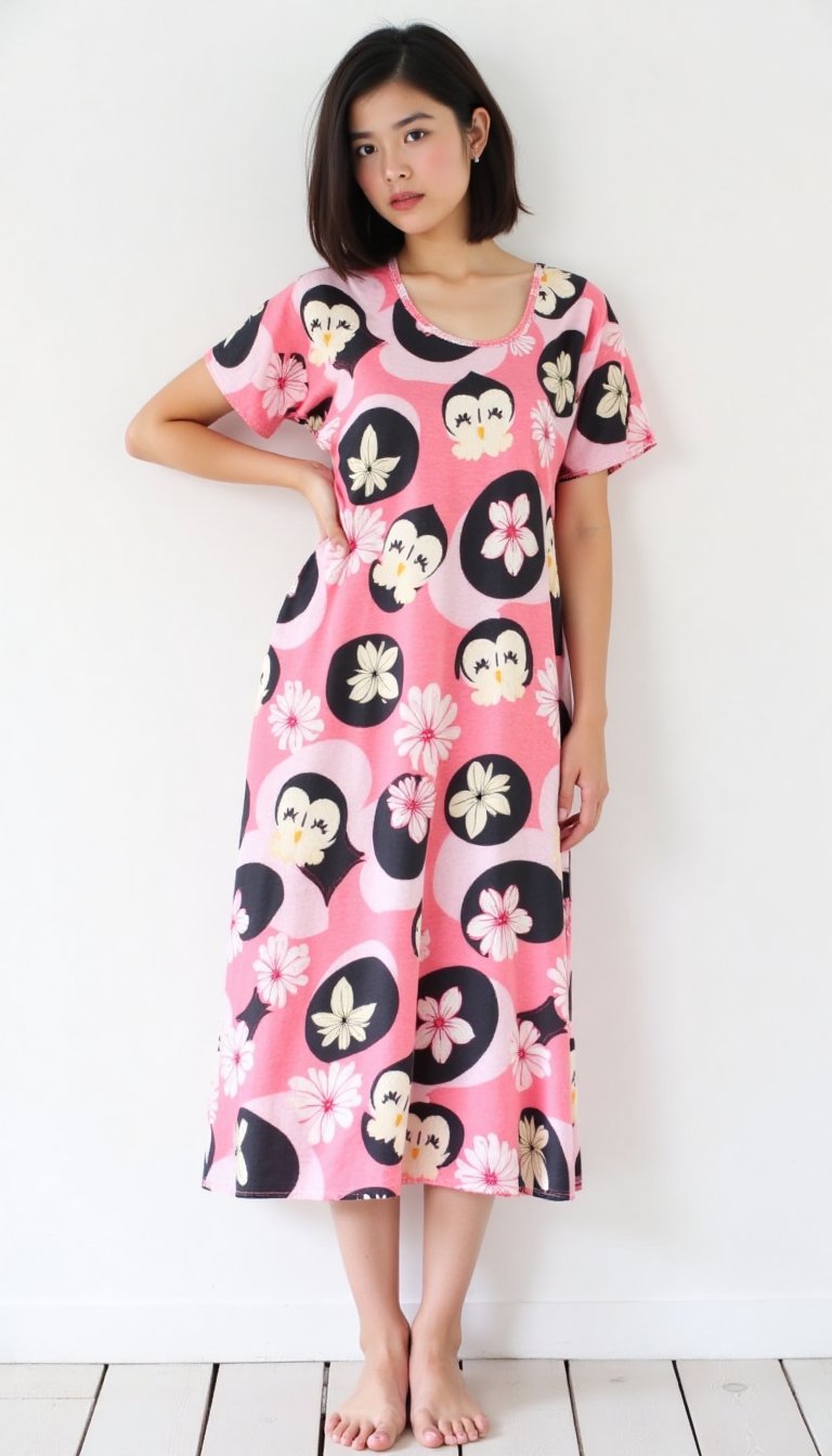 A young Asian woman poses confidently against a stark white backdrop, dressed in a vibrant short-sleeve dress featuring an owl-inspired pattern of pink flowers, black circles, and cozy textures. The dress radiates warmth with shades of pink, black, and white hues. Her left hand rests on her hip, exuding a sense of empowerment.,d4st3r