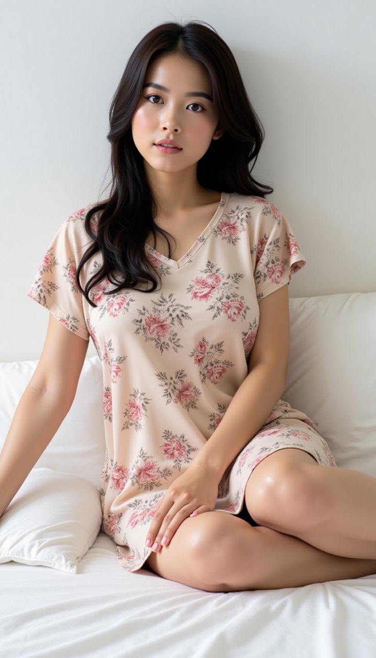 A confident Asian woman, her strong presence radiating against the pure white backdrop, wears a stunning short-sleeve dress featuring intricate batik patterns. Her pose, one of calm authority, conveys a sense of self-assurance as she reclines on the bed, her gaze direct and unwavering.