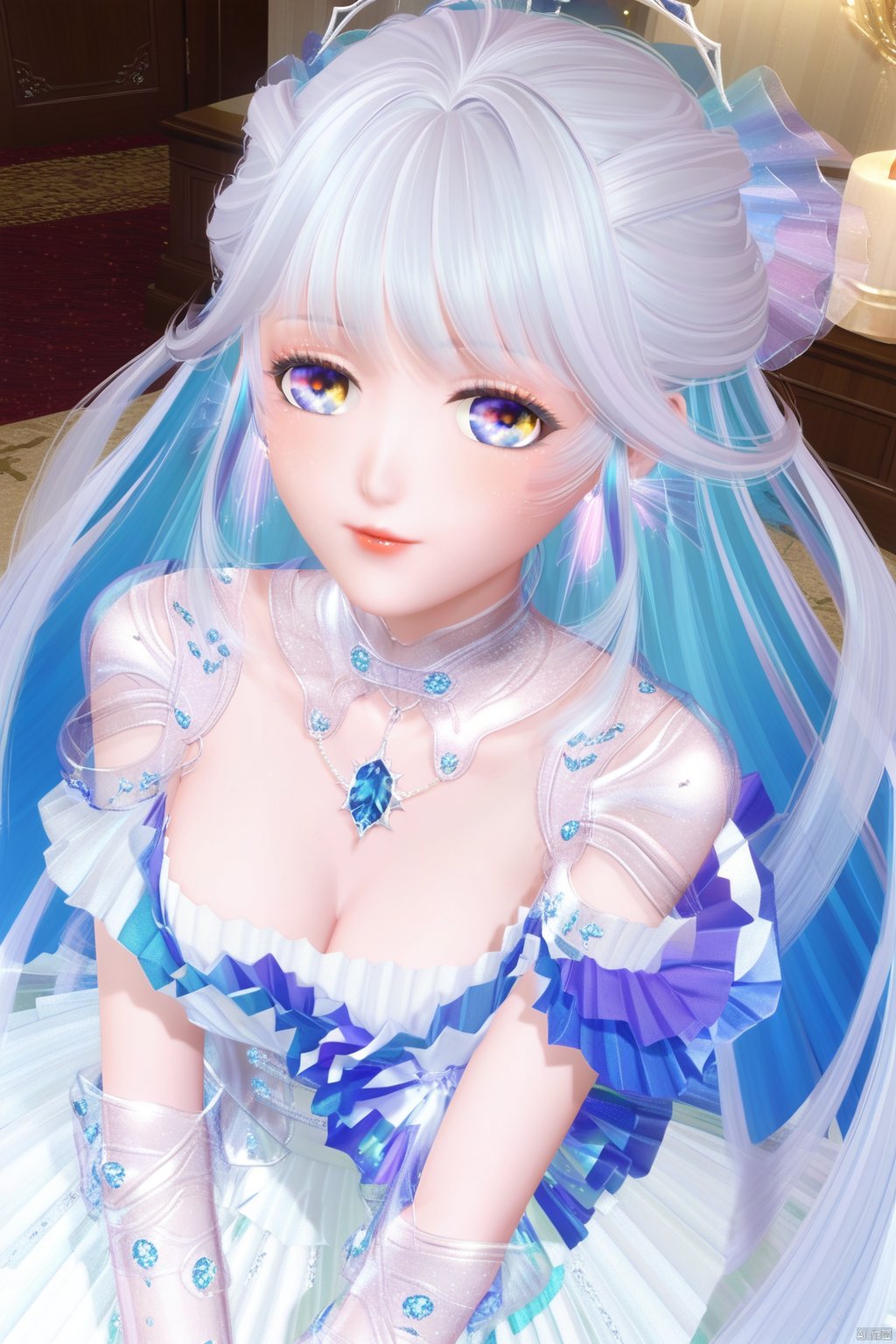 masterpiece, best quality, masterpiece,best quality,official art,extremely detailed CG unity 8k wallpaper,1girl,solo,bangs,long hair,dress,very long hair,multicolored hair,blue hair,white hair,cleavage,indoors,Beautiful background,from above,portrait