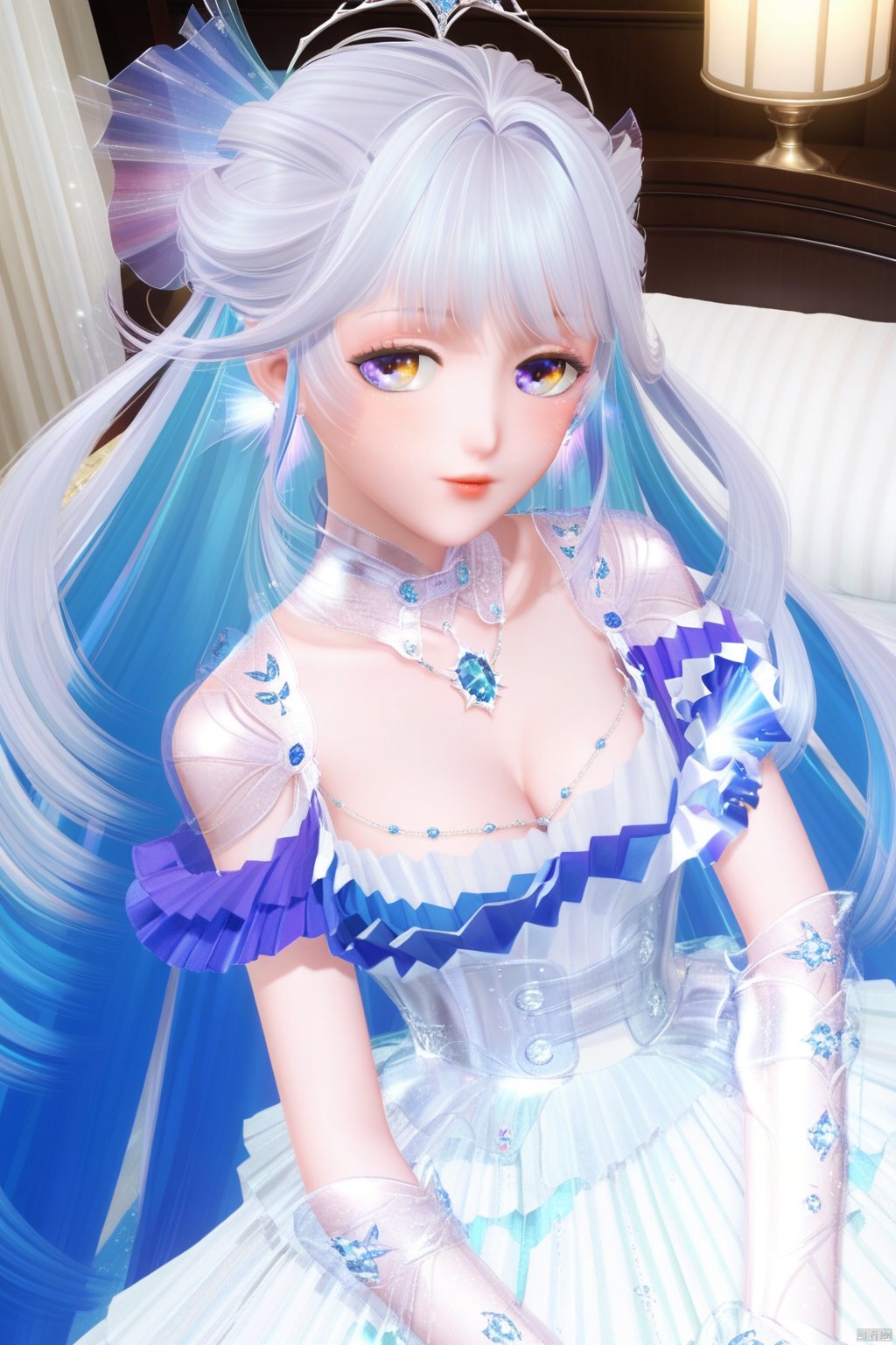 masterpiece, best quality, masterpiece,best quality,official art,extremely detailed CG unity 8k wallpaper,1girl,solo,bangs,long hair,dress,very long hair,multicolored hair,blue hair,white hair,cleavage,indoors,bed,from above,portrait