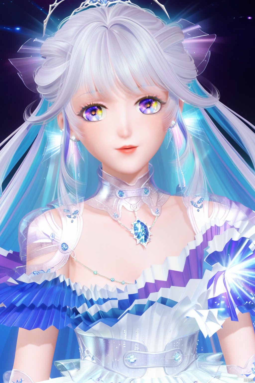 masterpiece, best quality, masterpiece,best quality,official art,extremely detailed CG unity 8k wallpaper,1girl,solo,bangs,long hair,dress,very long hair,colorful eyes,purple eyes,blue eyes,white dress,white footwear,tiara,jewelry,multicolored hair,blue hair,white hair,earrings,cleavage,upper body