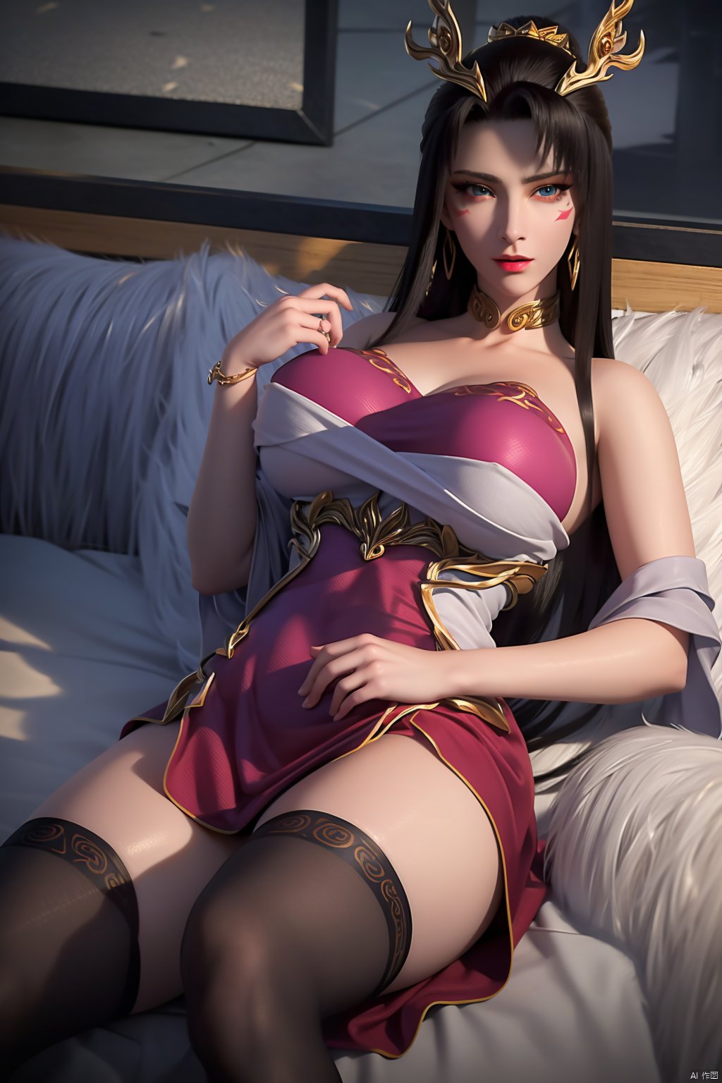  (8k, RAW photo, best quality, masterpiece:1.2), (realistic, photorealistic:1.3), ultra-detailed, extremely detailed cg 8k wallpaper, (crystalstexture skin:1.2), extremely delicate and beautiful, 1girl,hair ornament,black hair,blue eyes,(big eyes:1.2),Facial markers,jewelry,earrings,necklace,long hair,big breasts,chinese clothes,dress,(looking at viewer),thighhighs,stocking,outdoor,lying in bed,indoor,