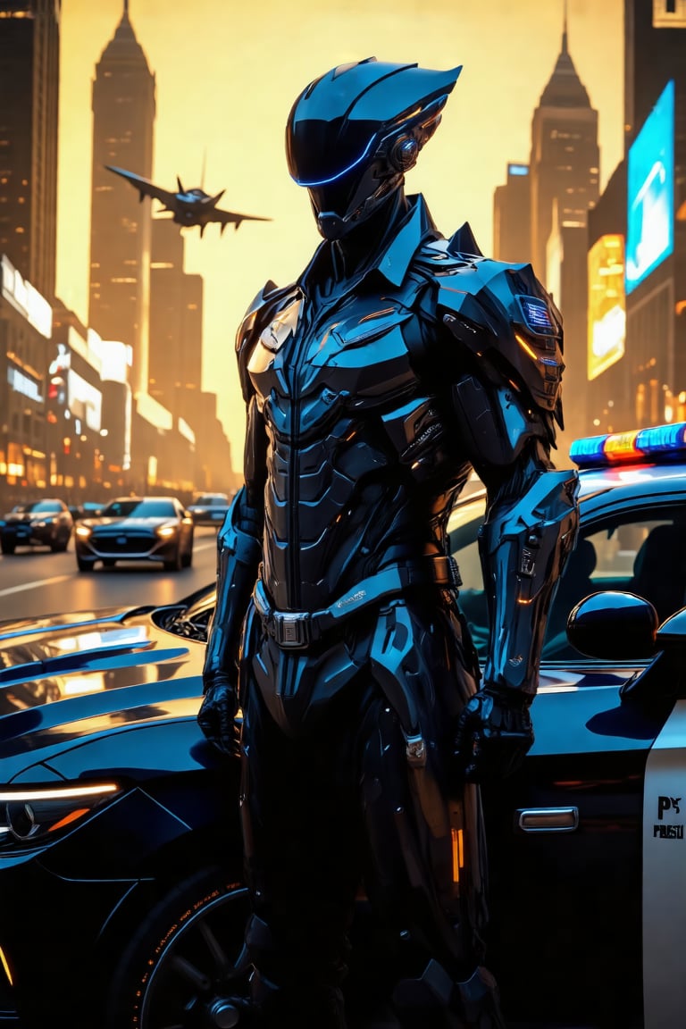 A futuristic cyborg stands alongside a sleek, high-tech police car, clad in an elegant and sophisticated Police (PoLiSi) uniform. The cybernetic enhancements on the officer's body seamlessly integrate with the metallic sheen of their attire. The cityscape behind them is bathed in a warm, golden light, with neon-lit skyscrapers and flying cars zipping by.