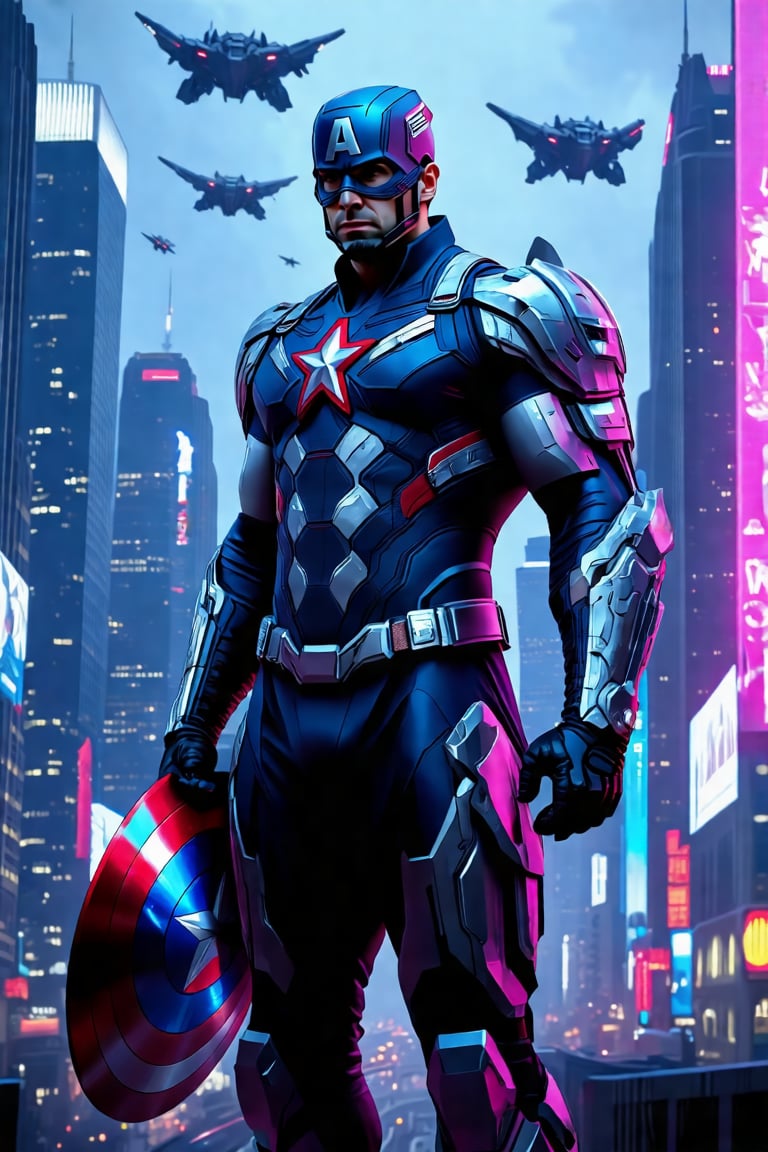 A futuristic cityscape looms in the background as Captain America dons a sleek cyborg suit, its metallic plating reflecting the bright neon lights. The Star-Spangled Man with a Plan stands tall, his mechanical enhancements and shield at the ready, amidst a backdrop of towering skyscrapers and flying mechas soaring through the sky.