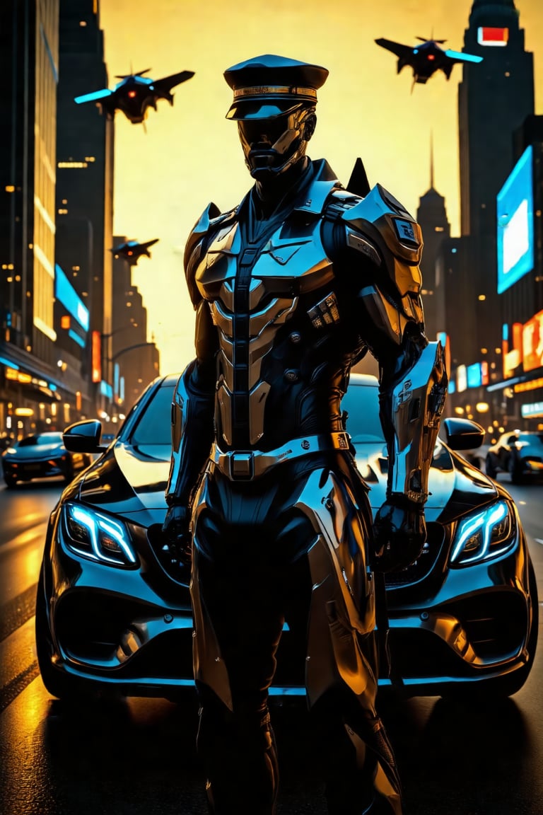 A futuristic cyborg stands alongside a sleek, high-tech police car, clad in an elegant and sophisticated Police (PoLiSi) uniform. The cybernetic enhancements on the officer's body seamlessly integrate with the metallic sheen of their attire. The cityscape behind them is bathed in a warm, golden light, with neon-lit skyscrapers and flying cars zipping by.