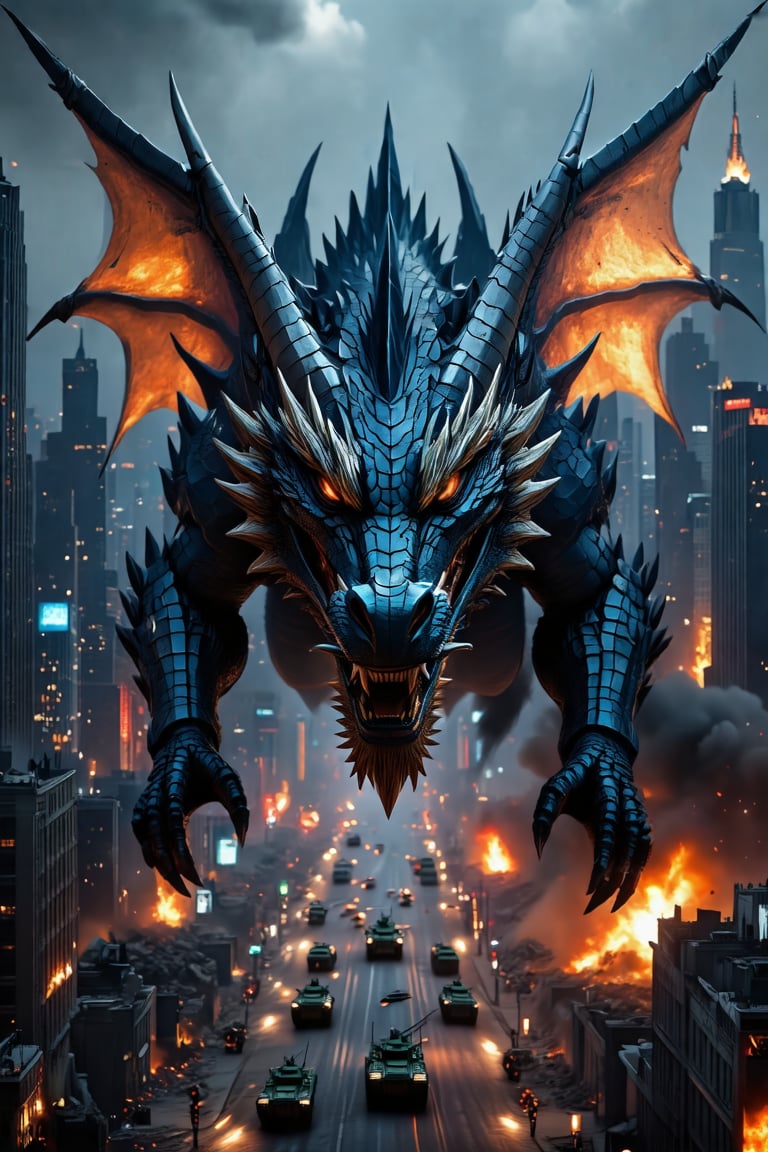 A close-up shot of the colossal cyborg dragon's face: gleaming metallic scales reflect dim city lights amidst a ravaged futuristic metropolis. Giant robotic wings stretch wide, poised to unleash destruction. The nuclear explosion's eerie glow casts an apocalyptic sheen on the scene as bullets whizz by, cannons boom, and tanks rumble through streets.