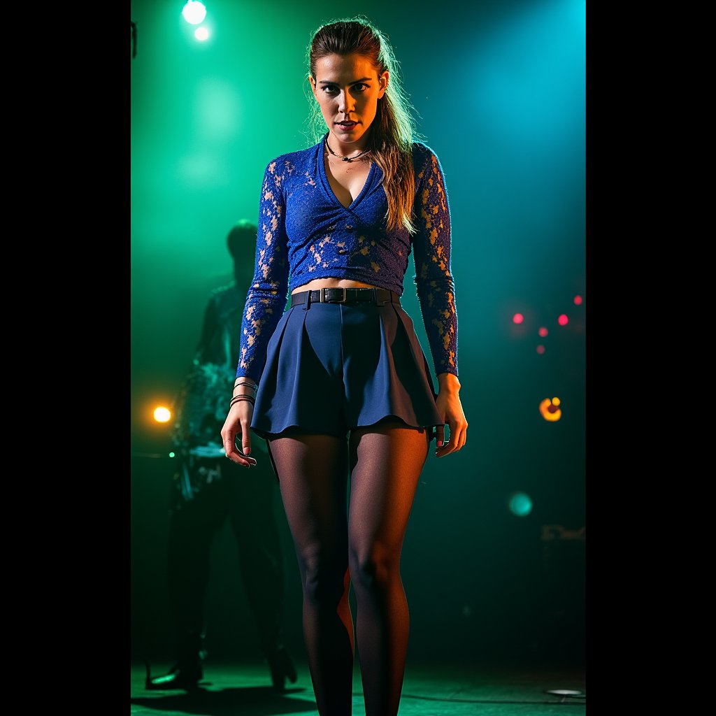 cinematic, cinematic lighting, front facing, looking at the viewer,  a beautiful woman wearing shorts and a blue blouse, wearing a skirt stockings and ponytail, in stage in a concert, ultra realistic, ultra defined textures and colors, hanhop,hhooper,hhr