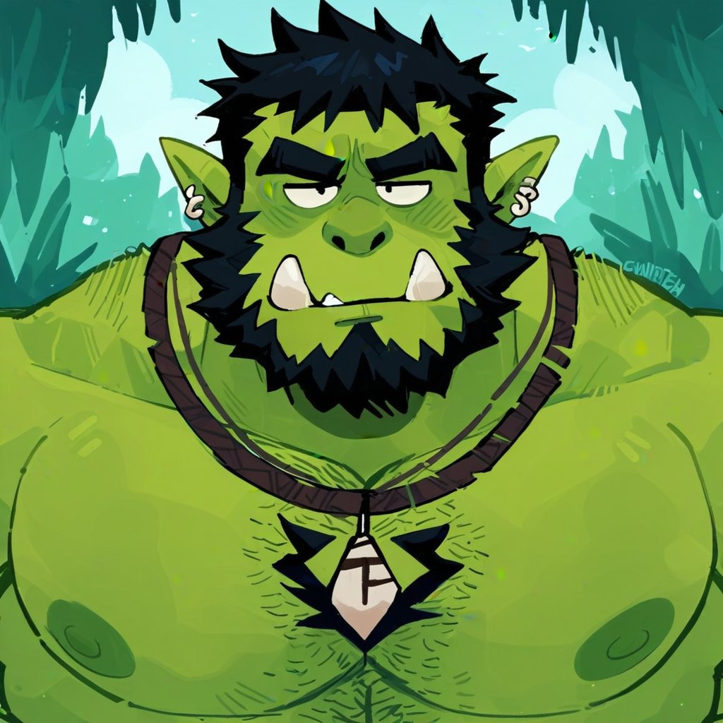 fungiteh, 1boy, bara, beard, black hair, chest tuft, colored skin, earrings, extra tusks, facial hair, full beard, green skin, head tilt, jewelry, large pectorals, male focus, mature male, monster boy, muscular, muscular male, necklace, orc, outdoors, pectorals, pointy ears, short hair, solo, thick beard, thick chest hair, tooth necklace, tribal, tsurime, tusks, hi res, masterpiece