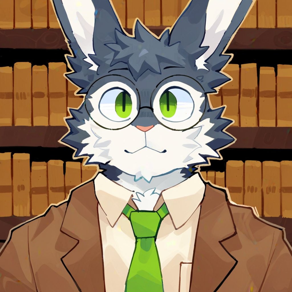 fungiteh, lagomorph, leporid, mammal, rabbit, anthro, brown clothing, brown topwear, cheek tuft, clothed, clothing, detailed background, eyewear, facial tuft, front view, fur, glasses, glistening, glistening eyes, green eyes, green necktie, grey body, grey fur, head tuft, inside, library, looking at viewer, male, mouth closed, necktie, pink nose, round glasses, solo, topwear, tuft, white body, white clothing, white fur, white topwear, hi res, masterpiece 