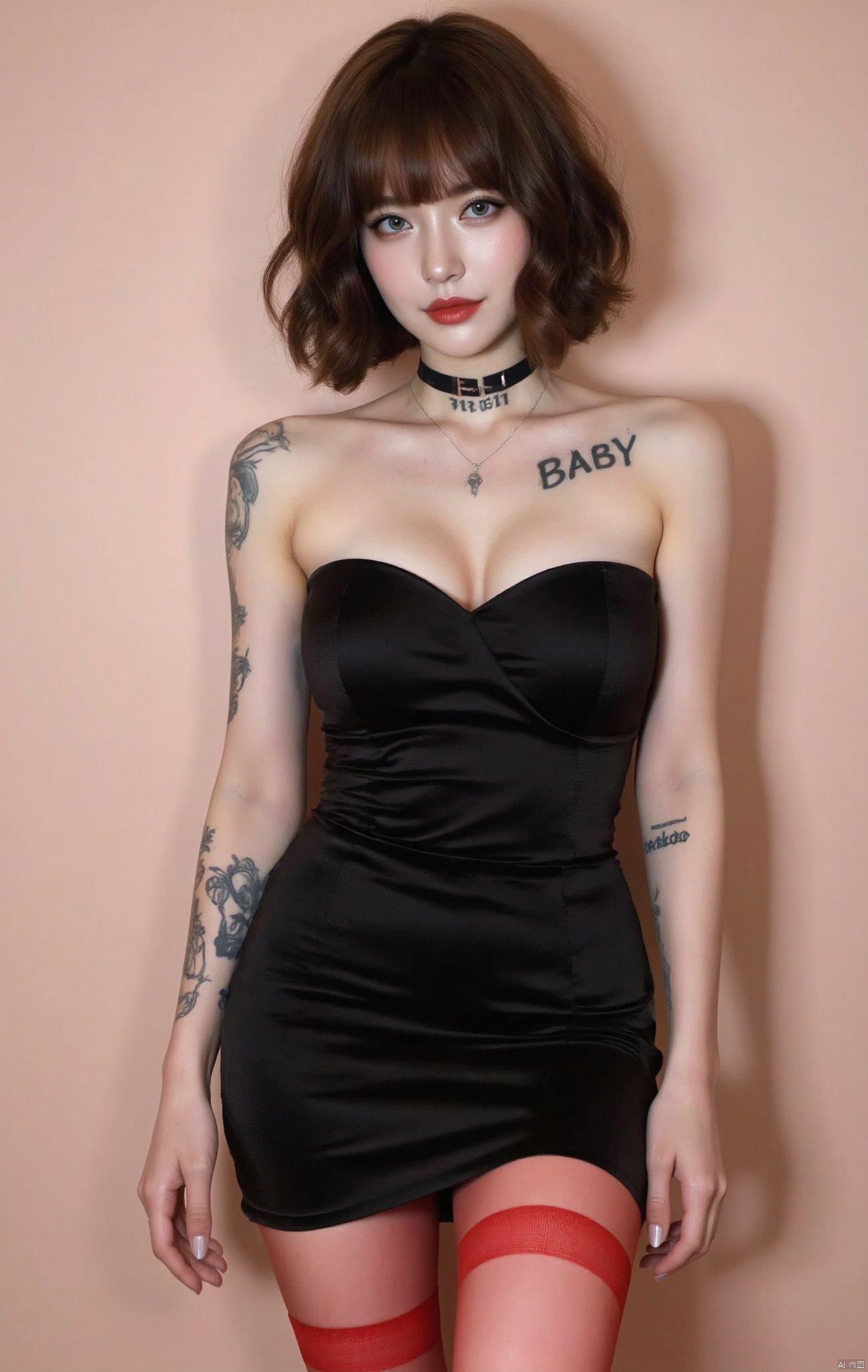 1girl, solo, short hair, bangs, brown hair, blue eyes, thighs, dress, bare shoulders, medium chest, cleavage, closed mouth, full body, collar, black dress, lips, strapless, tattooed, collarbone tattooed with BABY, makeup, lipstick, strapless jumpsuit, red lips, red stockings, bare feet