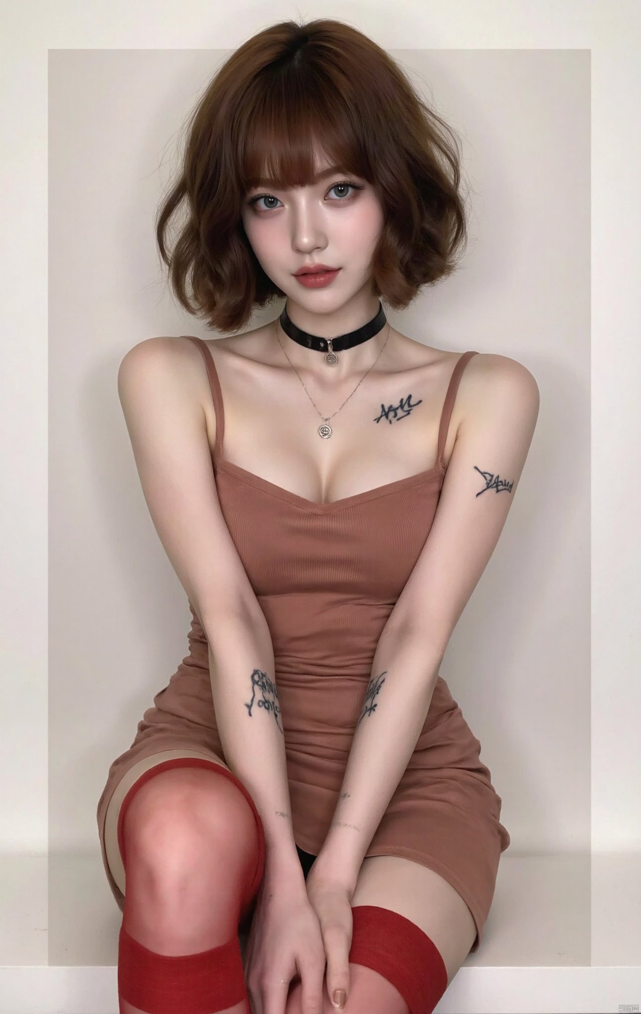 1girl, solo, short hair, bangs, brown hair, blue eyes, collar necklace, strapless, 老北鼻 signature tattooed on chest, red stockings,