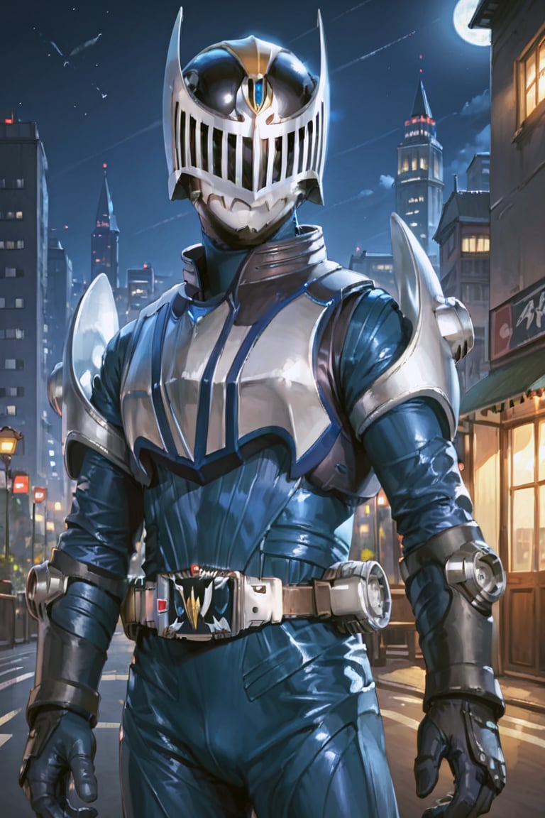 score_9, score_8_up, score_7_up, realistic, 1boy, solo, male_focus, krknight, helmet, armor, (bodysuit:1.3), gloves, belt, tokusatsu, standing, outside, night, city