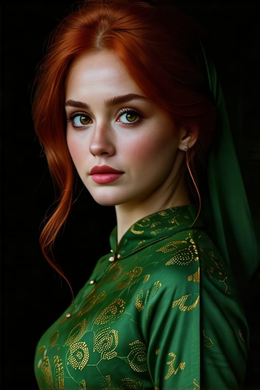 1woman,in the dark, film grain, award winning, (green tint:0.5), looking to the side, redhead, oil painting, hazel eyes, baju kurung, 