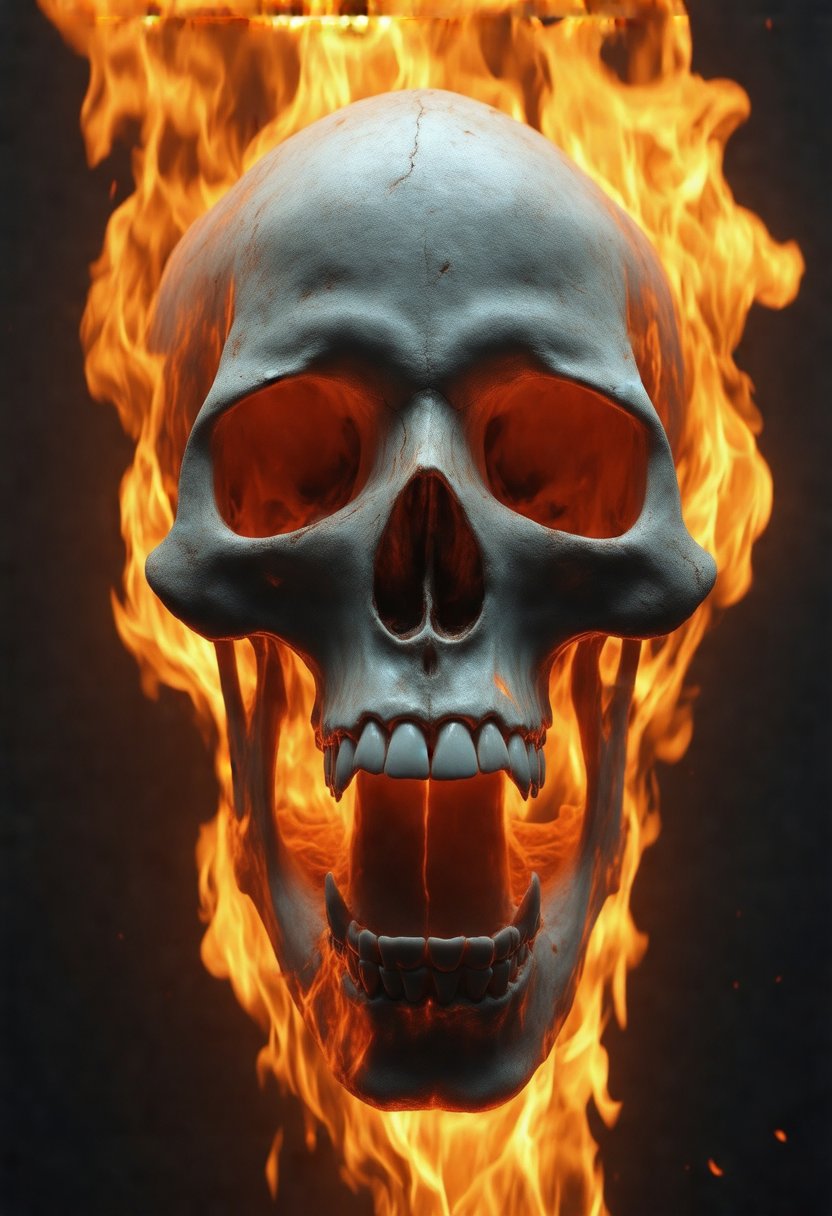 a digital illustration of a skull with flames surrounding it. The skull is in the center of the image, with its mouth open wide and its teeth bared. The flames are bright orange and yellow, and the skull appears to be glowing with a fiery glow. The background is black, making the skull stand out even more. The image has a dark and eerie feel to it, with the flames creating a sense of danger and intensity